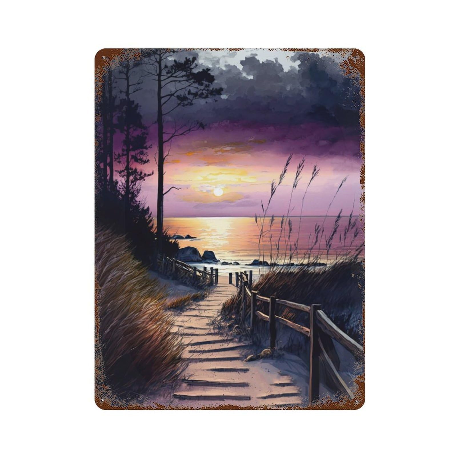 Beach at Purple Sunset Rusty Metal Tin Sign 15.7"x11.8", for Basement, Hobby Room And Garage Decor, Retro Wall Decor