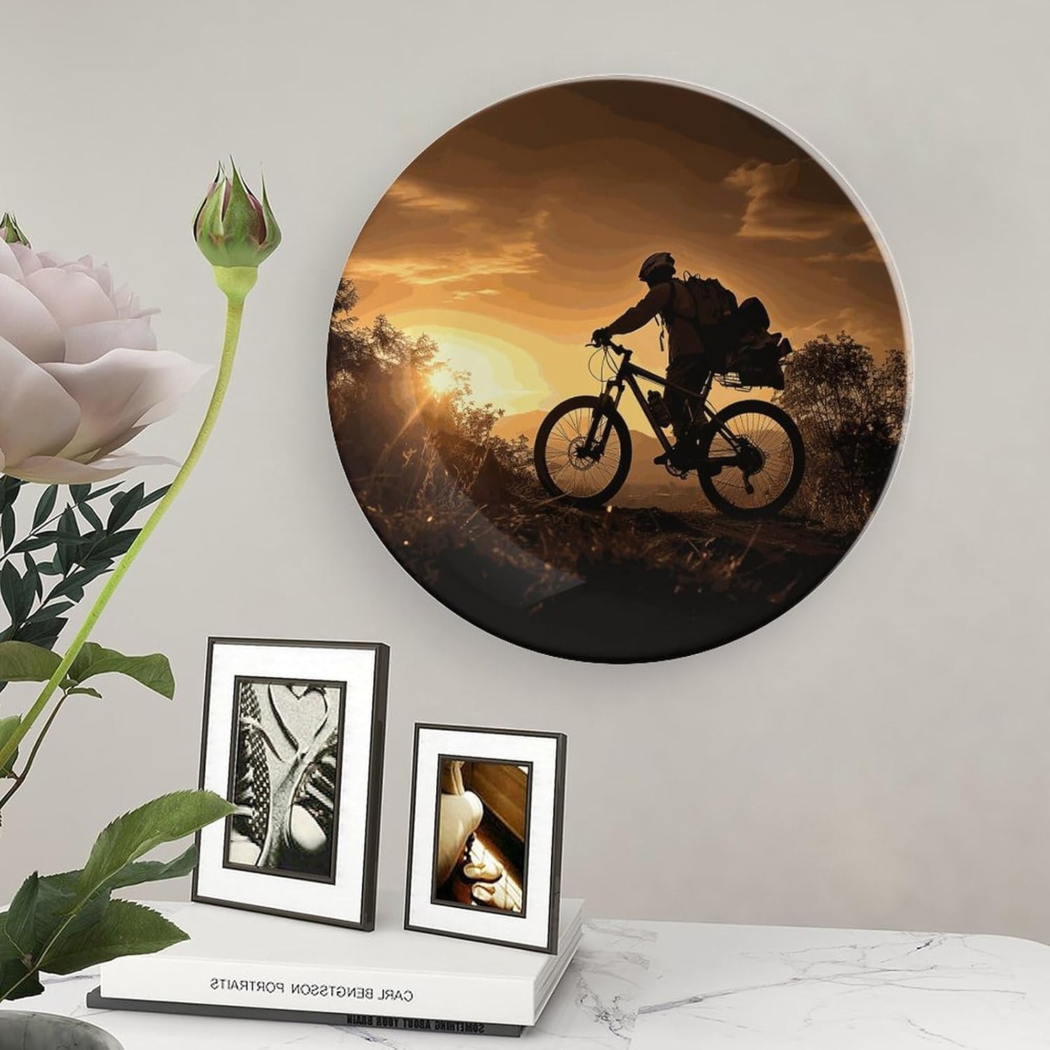 Mountain Bike in The Evening Decorative Plates for Display Round Porcelain Plate Living Room Table Ceramic Hanging Decorative Plate Art Decor for Living Room Table with 1 Display Stand 8inch