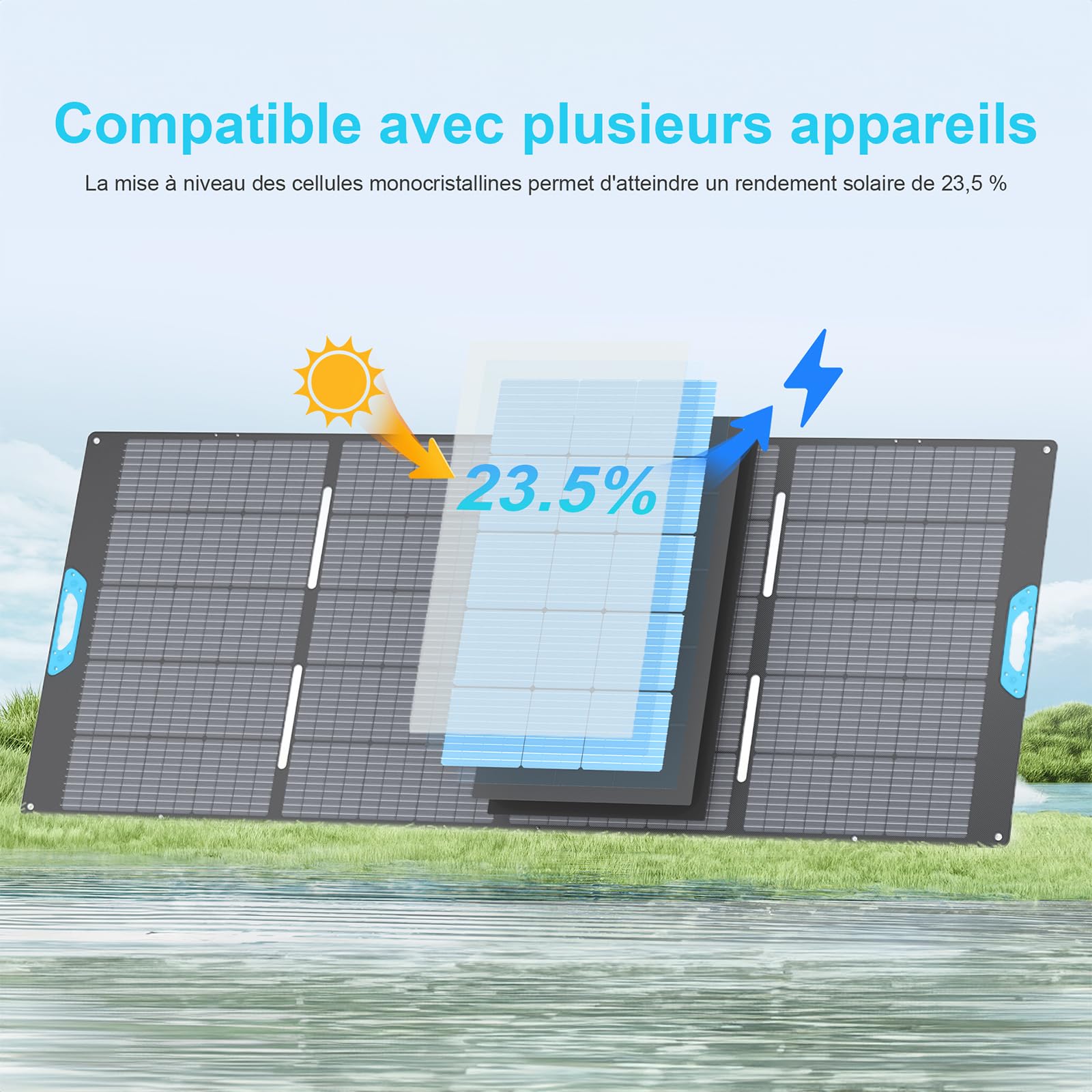Panel solar 400 W, rendimiento del 23,5%, impermeable IP67, ETEF Monocristalino Panel Solar Portátil con soporte integrado para Central Eléctrica, Camping, Exterior, Jardín