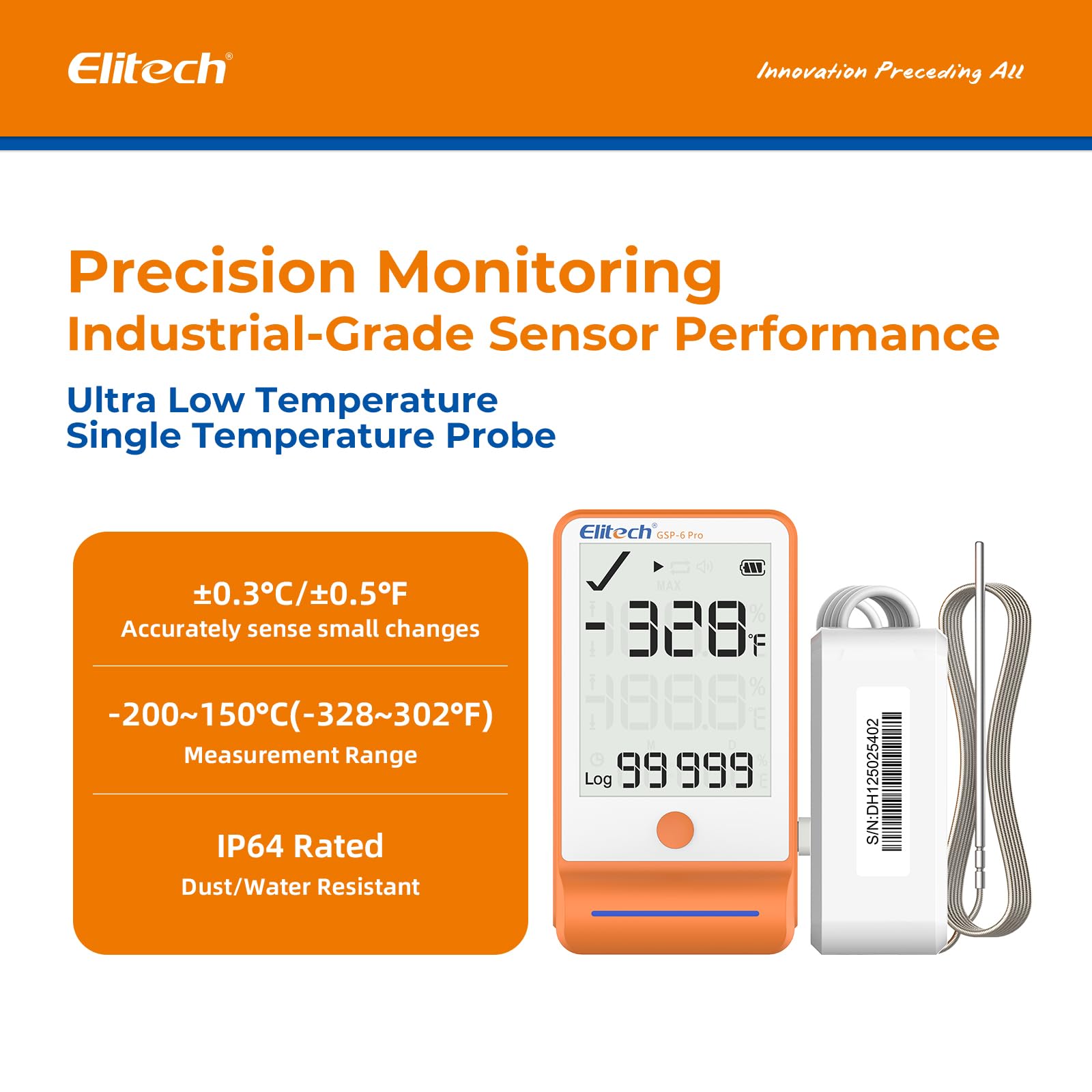 Elitech Ultra-Niski cyfrowy rejestrator temperatury do lodówek medycznych, na lodówkę, monitor temperatury z wartościami MAX MIN, model GSP-6Pro TLE