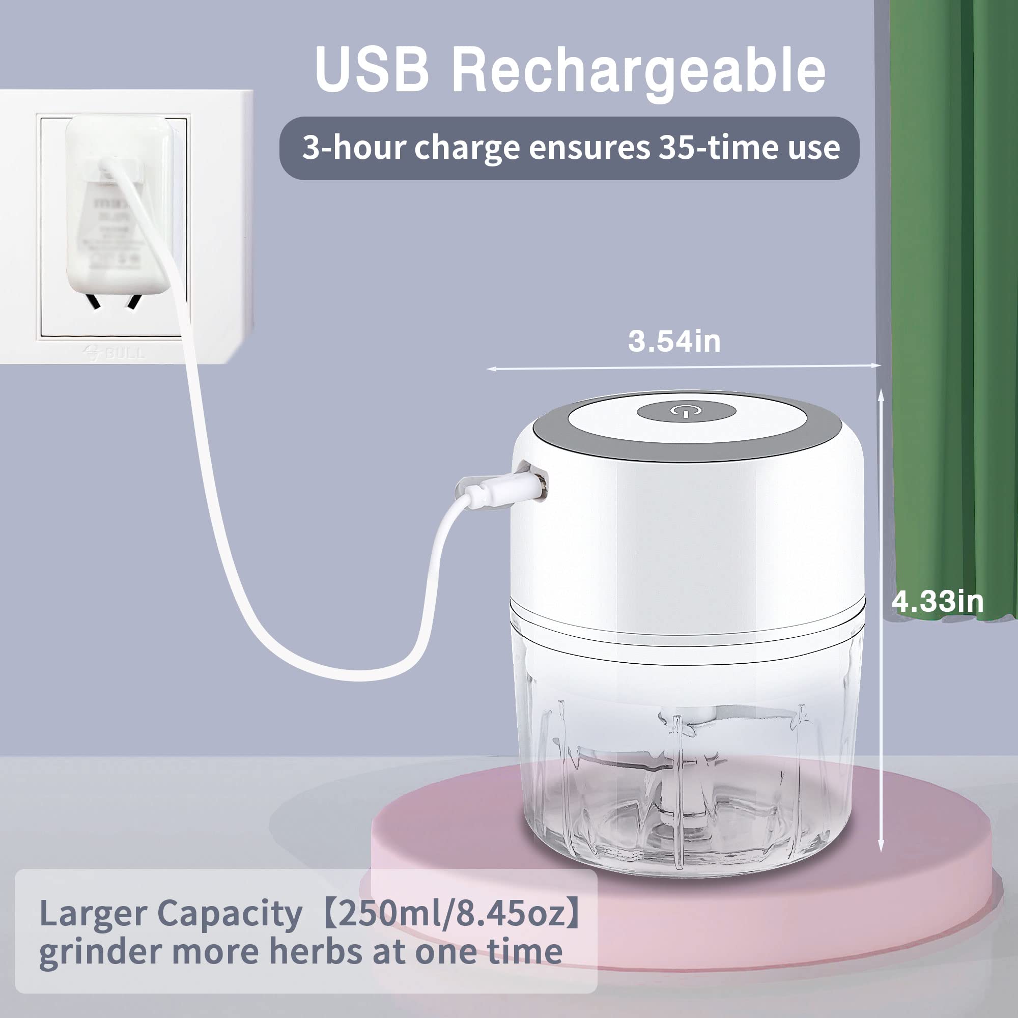 Molinillo eléctrico de hierbas, molinillo grande de 3.5 pulgadas para moler hierbas frescas secas y especias con cámara transparente, molinillo de hierbas portátil de carga USB, incluye