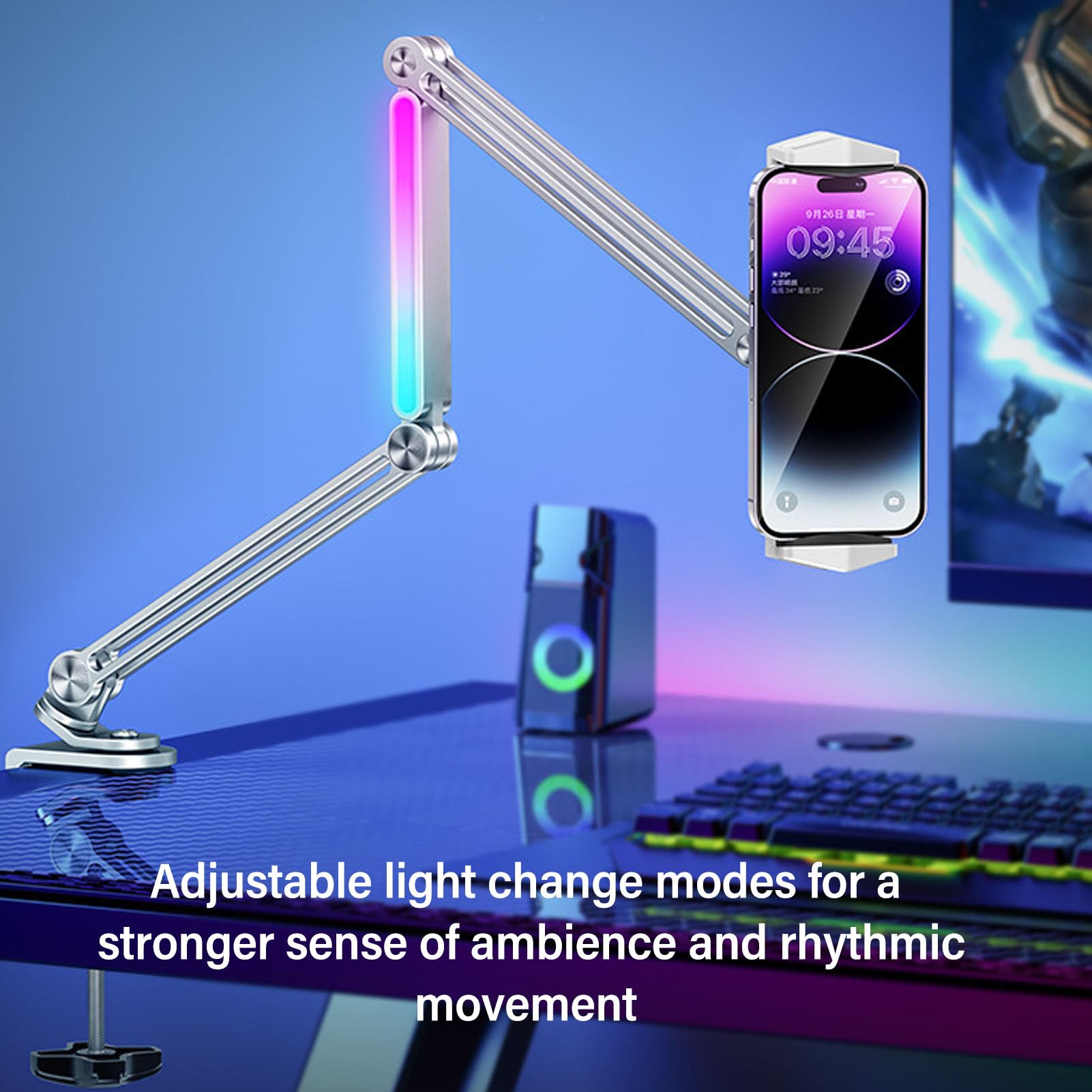 Soporte para Teléfono para Escritorio, Cama, Rotación de 360 ​​Grados, Brazo Largo Ajustable, Soporte para Teléfono Celular, para Tableta con Abrazadera y Luz Ajustable, Plegable y Portátil