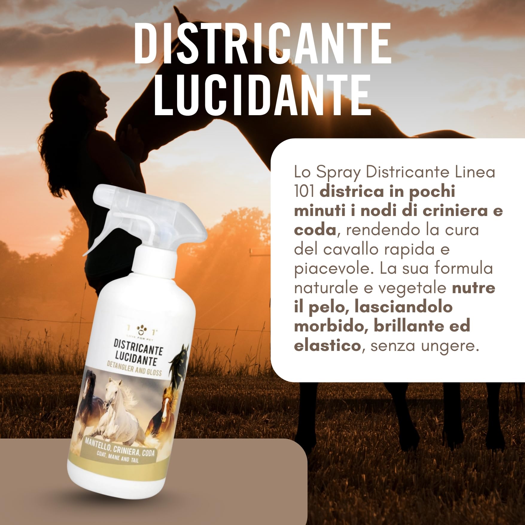 Districante Cavalli Spray Naturale 750 ml Lucidante e Detergente Vegetale per Manto, Criniera e Coda Districante per Cavalli Non Unge, Effetto Shine, Cruelty Free