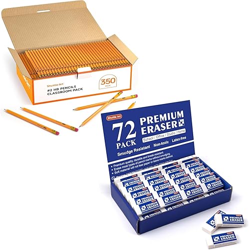 Shuttle Art Paquete de lápices y borradores, juego de 350 lápices amarillos afilados + 72 borradores blancos de primera calidad a granel