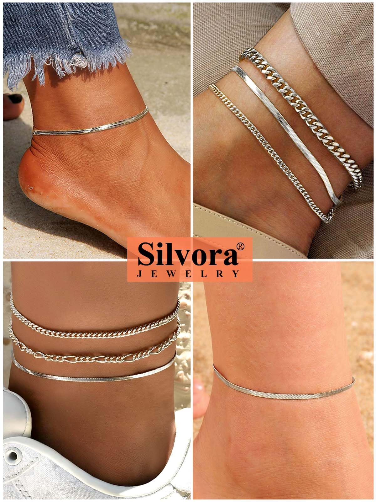 Silvora Tobillera Mujer Plata 925 Pulsera Tobillo Cadena Fina Pie Verano | Material Plata de Primera Ley Regalo Playa Piscina Playa Calle Vacación Longitud Ajustable 22+5cm Joyería Simple
