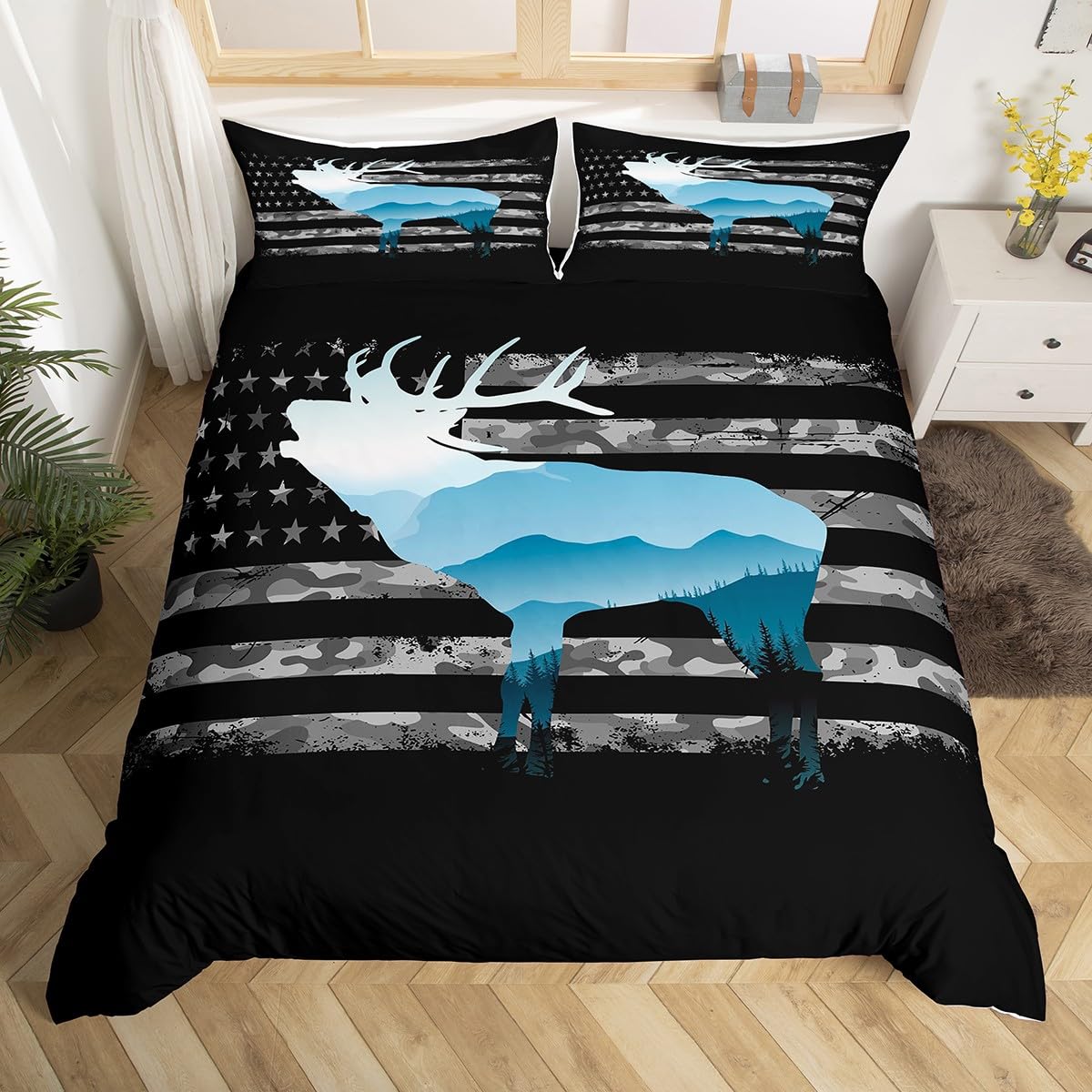 Homemissing Flag Deer Bedding Set Forest Smoky Deer Duvet Cover for Kids Camo Deer Hunting Comforter Cover Grey Camo Bedspread Cover Breathable Bedding Collection 3Pcs King