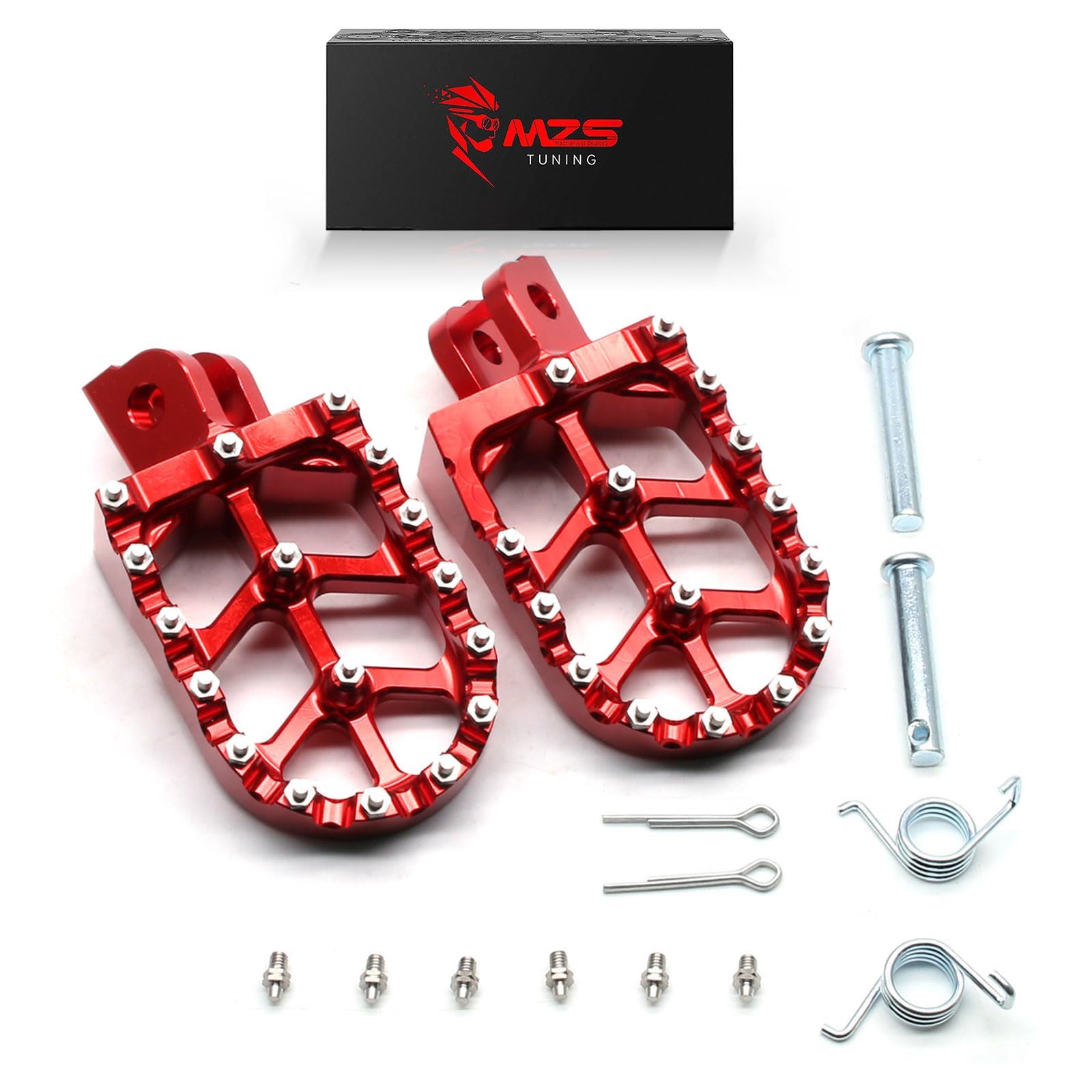 MZS Motorcycle Front Foot Pegs for GROM 14-25, Monkey 19-25, Dax 125 2025 | Red CNC Aluminum Alloy Footrest, Skeleton Grid Wide Footpeg, Non-Slip Stainless Steel Foot Pins, Rust & Corrosion Resistant