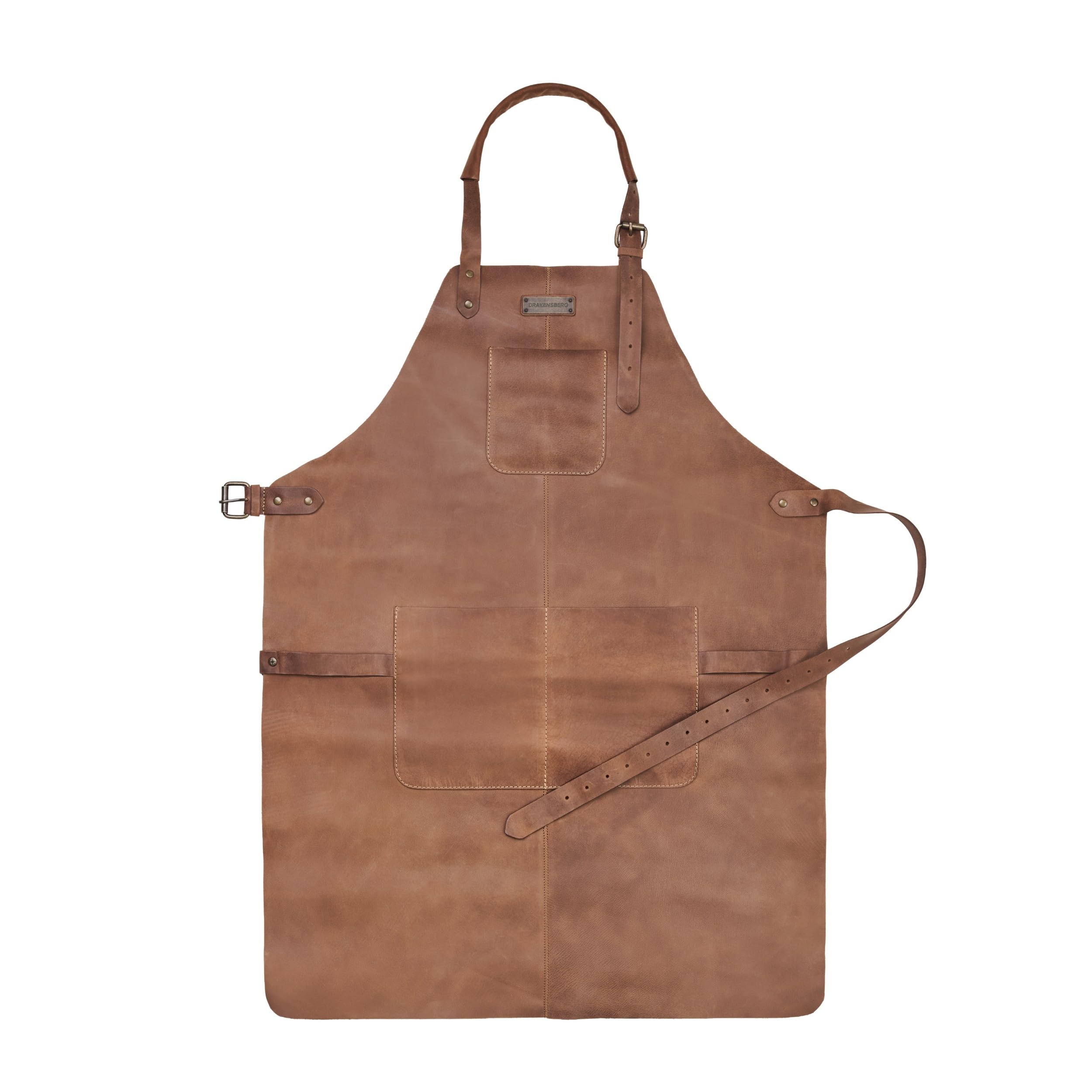 DRAKENSBERG BBQ Apron DR00303 - Delantal para barbacoa de piel auténtica, delantal de cocina y para gastronomía, bar, barista, regalo para hombres y hombres, hecho a mano en piel, marrón havana
