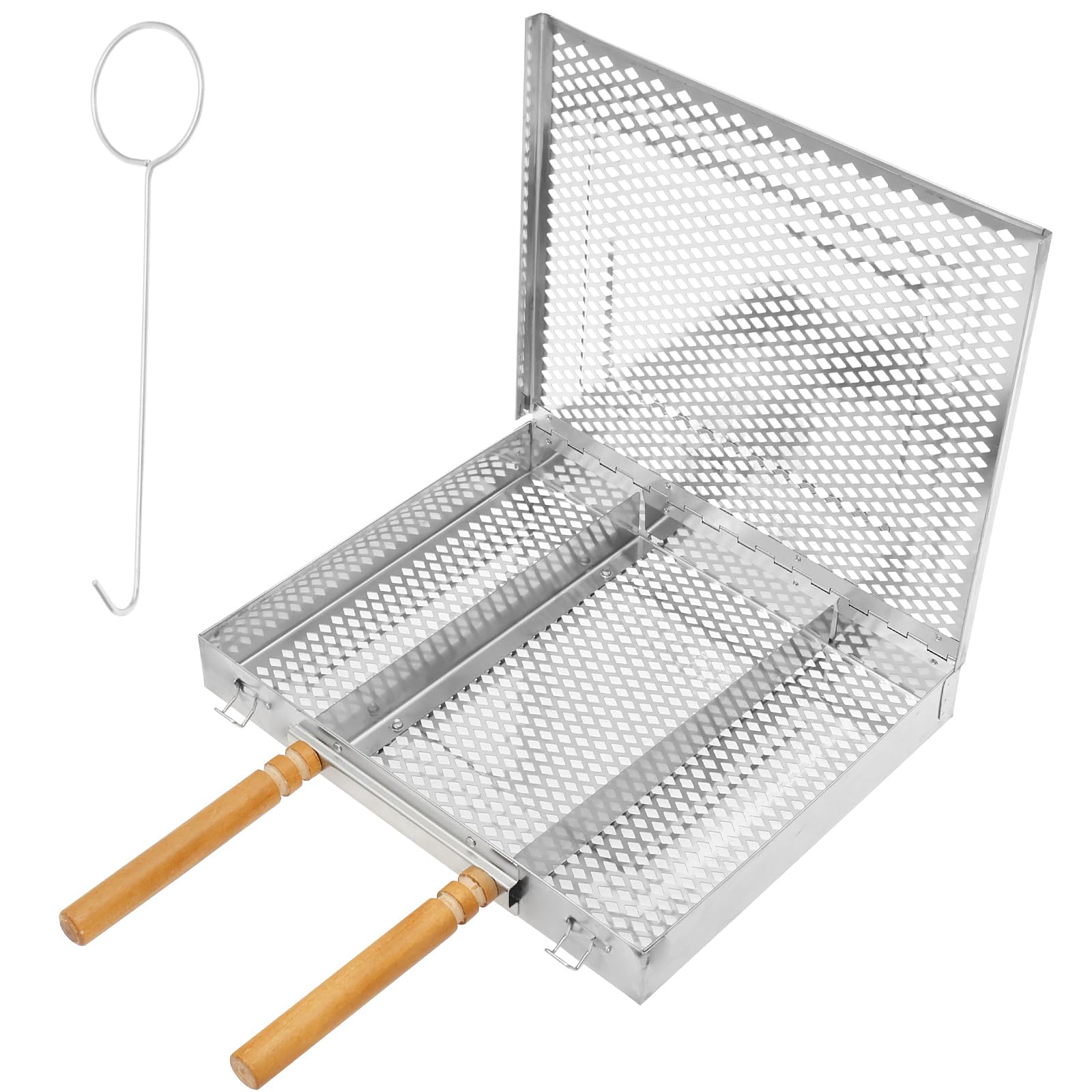 Griglia in acciaio inox per barbecue, grigliare pesce, verdure, gamberetti, griglia portatile da esterno con manico in legno, accessori per barbecue perfetti per regali