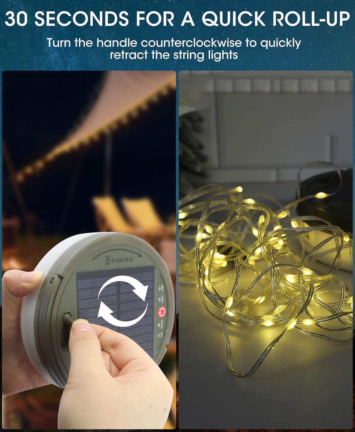 MQUPIN Solar Camping String Lights, 39.4 Ft Ultra Outdoor String Lights with 8 Lighting Modes, Solar Power and USB Rechargeable with Remote Control, Waterproof Portable Camping Lights for Yard Hiking - Image 3