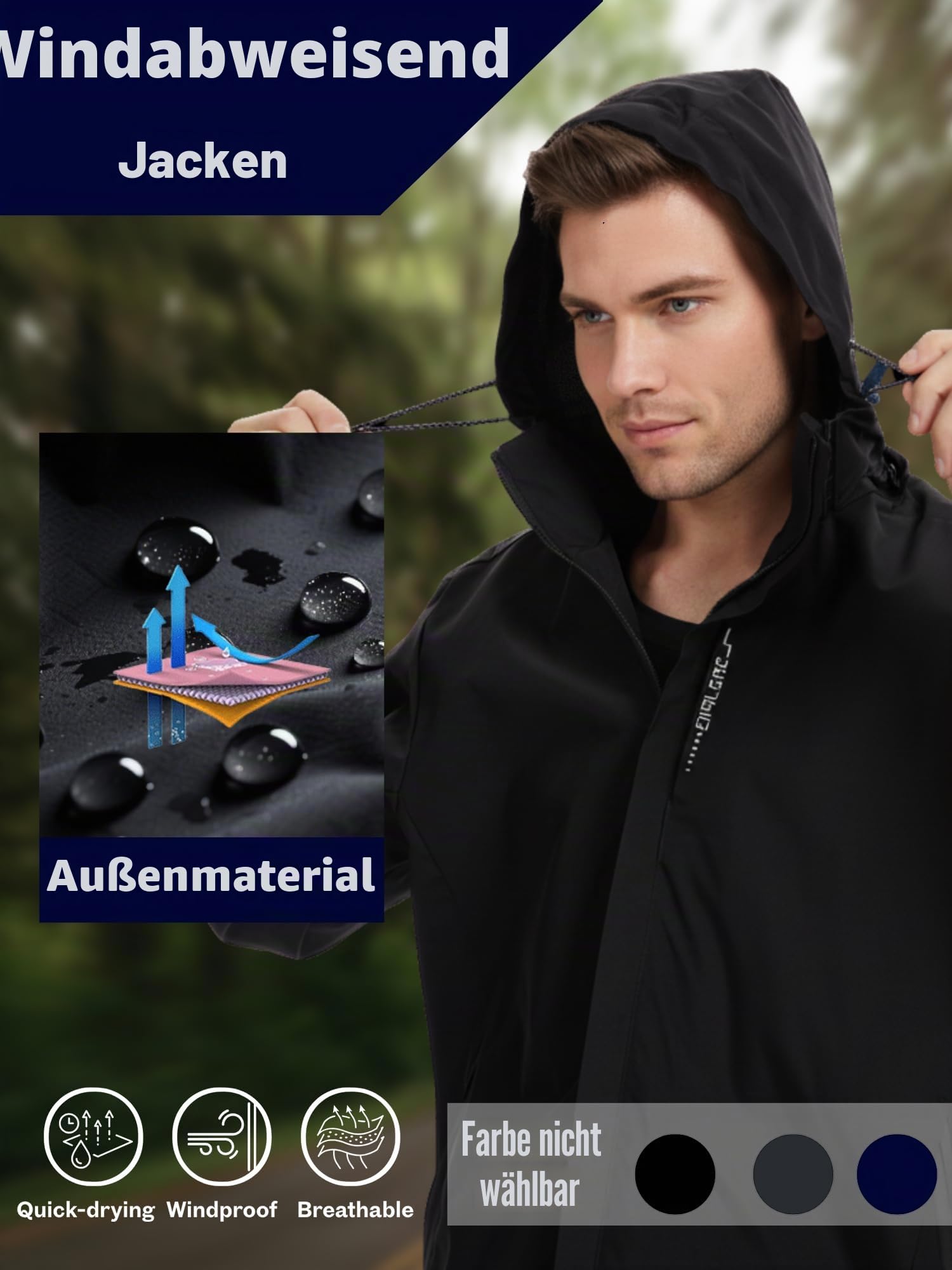 AMZSPORT Regenjacke Herren Winddichte Jacke Mit Kapuze Wasserdicht Leicht Packbar Atmungsaktiv für Outdoor, Laufen, Reisen,Wandern