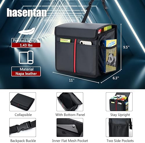 Miniatura 4 de Hanging Car Seat Organizer with Lid - Premium PU Leather Backseat Organizer for Kids & Adults (Black)