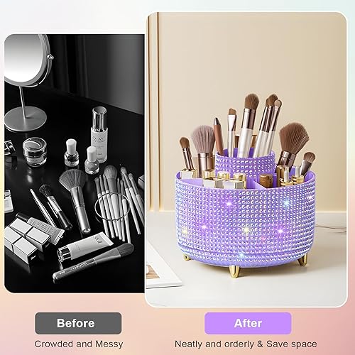 Miniatura 9 de Diesisa Organizador de brochas de maquillaje, organizador de brochas de maquillaje giratorio de 360, 5 ranuras para cosméticos, esmalte de uñas,