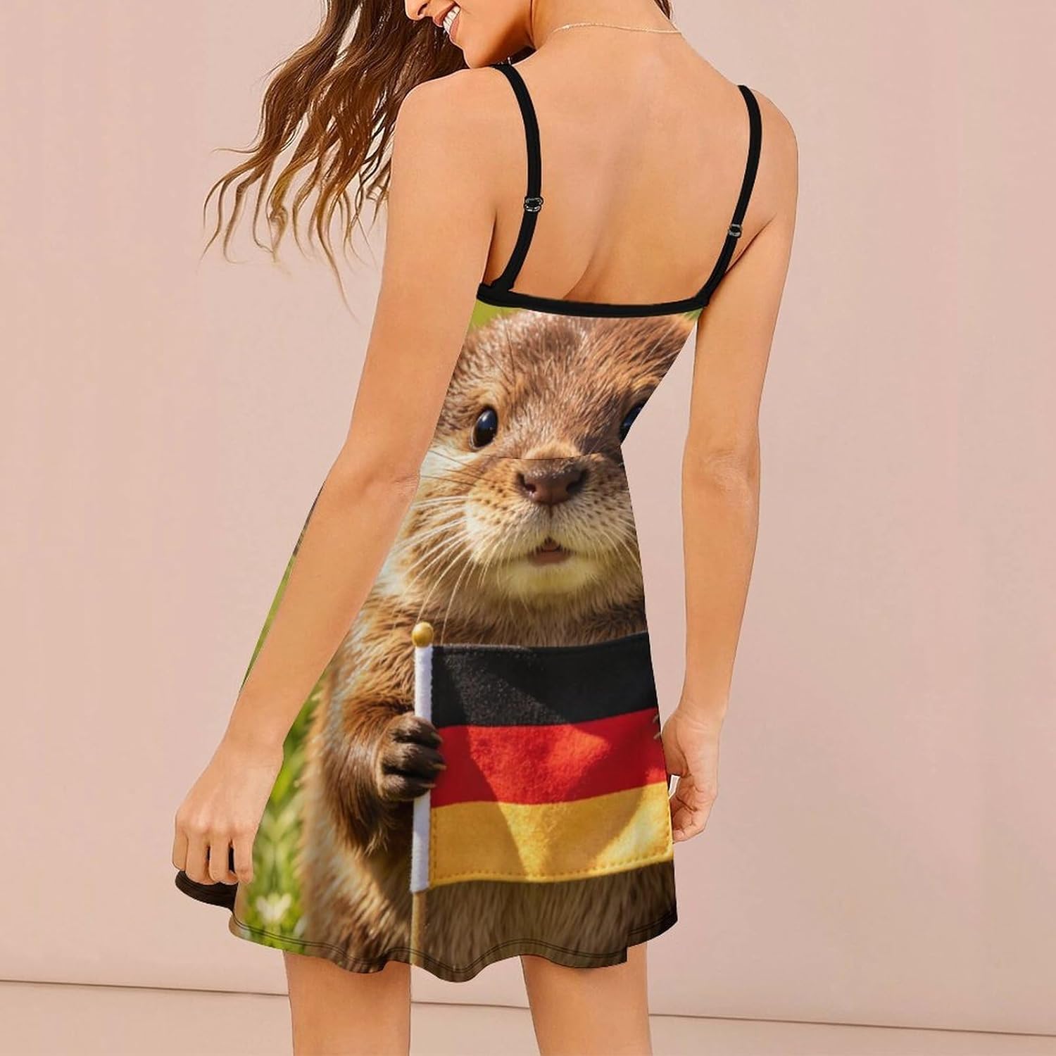 A Beaver Holding A German Flag Short Cami Dress for Women Adjustable Spaghetti Strap Flowy Sundress Beach Vacation