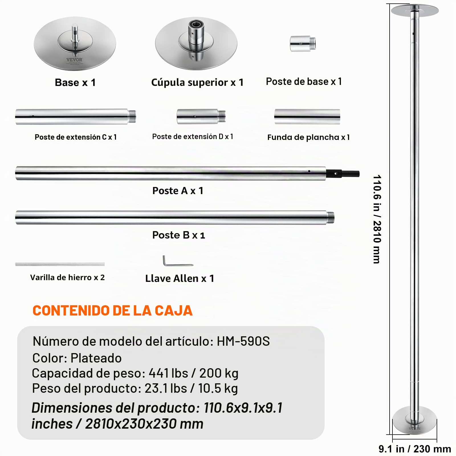VEVOR Barra de Baile Profesional 2810x230 mm Barra de Baile Estática y Giratoria Kit de Danza en Barra Vertical Extraíble y Portátil Barra de Acero Inoxidable Resistente Altura Ajustable para Bar Club