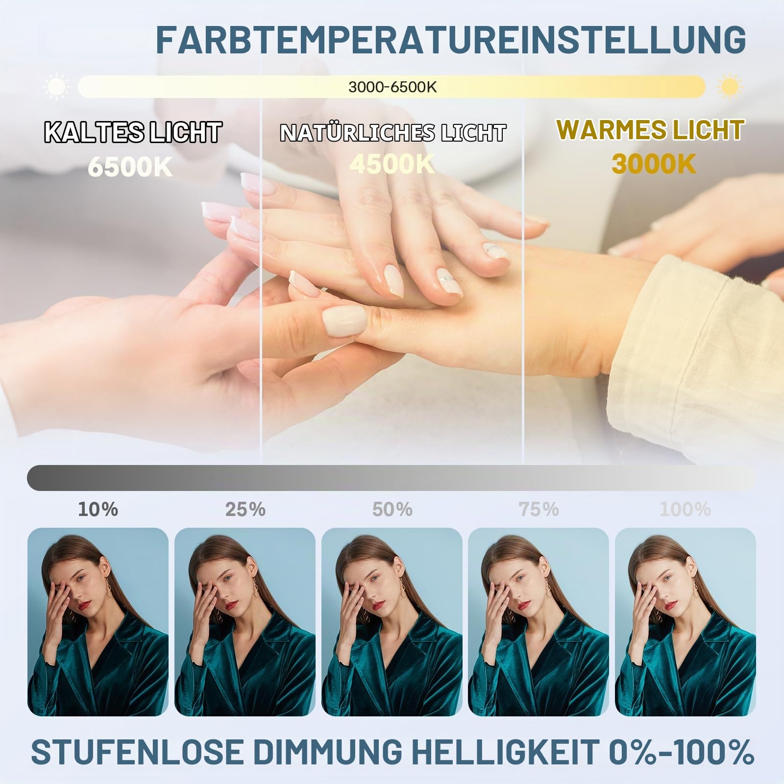 TopDirect Halbmond-Lampe, 29 Zoll, 42 W, Lampe zur Verlängerung der Wimpern mit Telefonhalterung, Schreibtischlampe für Kosmetiker, Nageltechniker und Kosmetiker, 3000 K-6500 K(Weiß, 73cm)