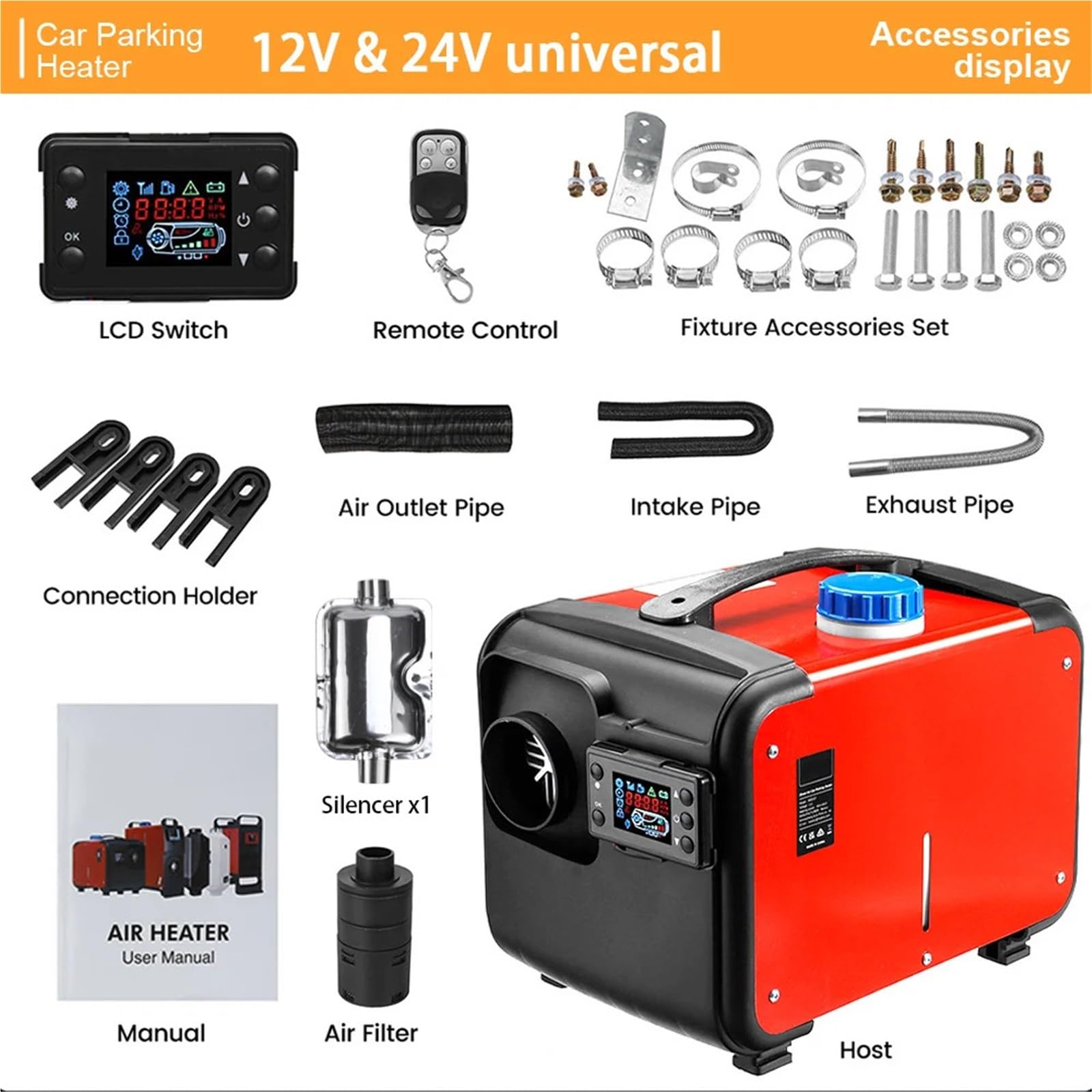 nagrzewnica pomocnicza 12V i 24V 5KW-8KW Samochodowy podgrzewacz diesla, powietrza, postojowy, przełącznik LCD do samochodu, jachtu, łodzi, podobny