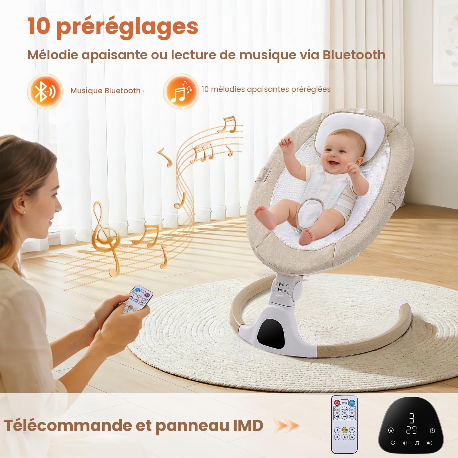 Balançoire électrique pour bébé de 0 à 6 mois, maximum 9 kg, portable pour nouveau-né avec Bluetooth, 5 vitesses de rotation, 3 positions d'angle, télécommande et panneau tactile, beige