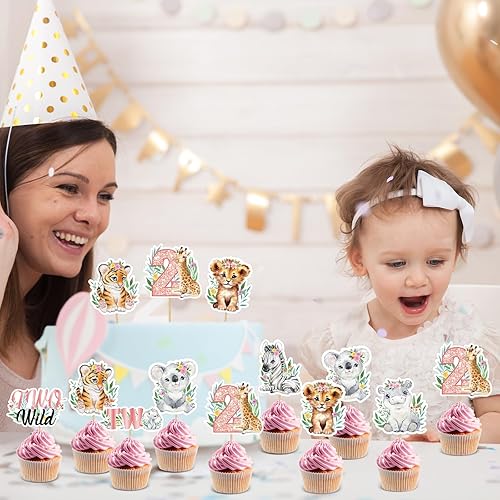 Miniatura 5 de 48 adornos para cupcakes salvajes, dos decoraciones de cumpleaños salvajes para niñas, decoración de pastel de animales de la selva, decoraciones de