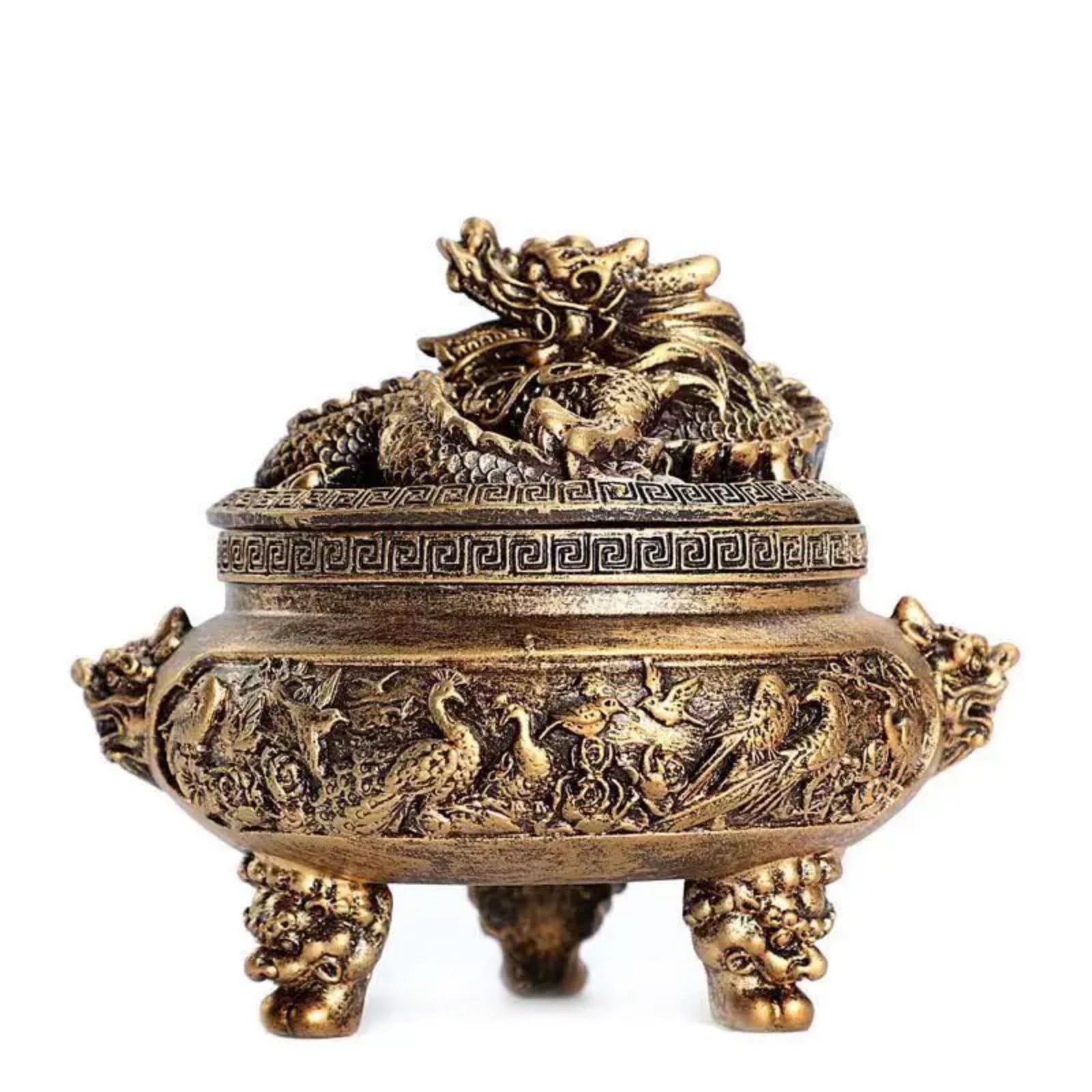 Brûleur d'encens dragon et phénix rétro en bronze de 7 cm
