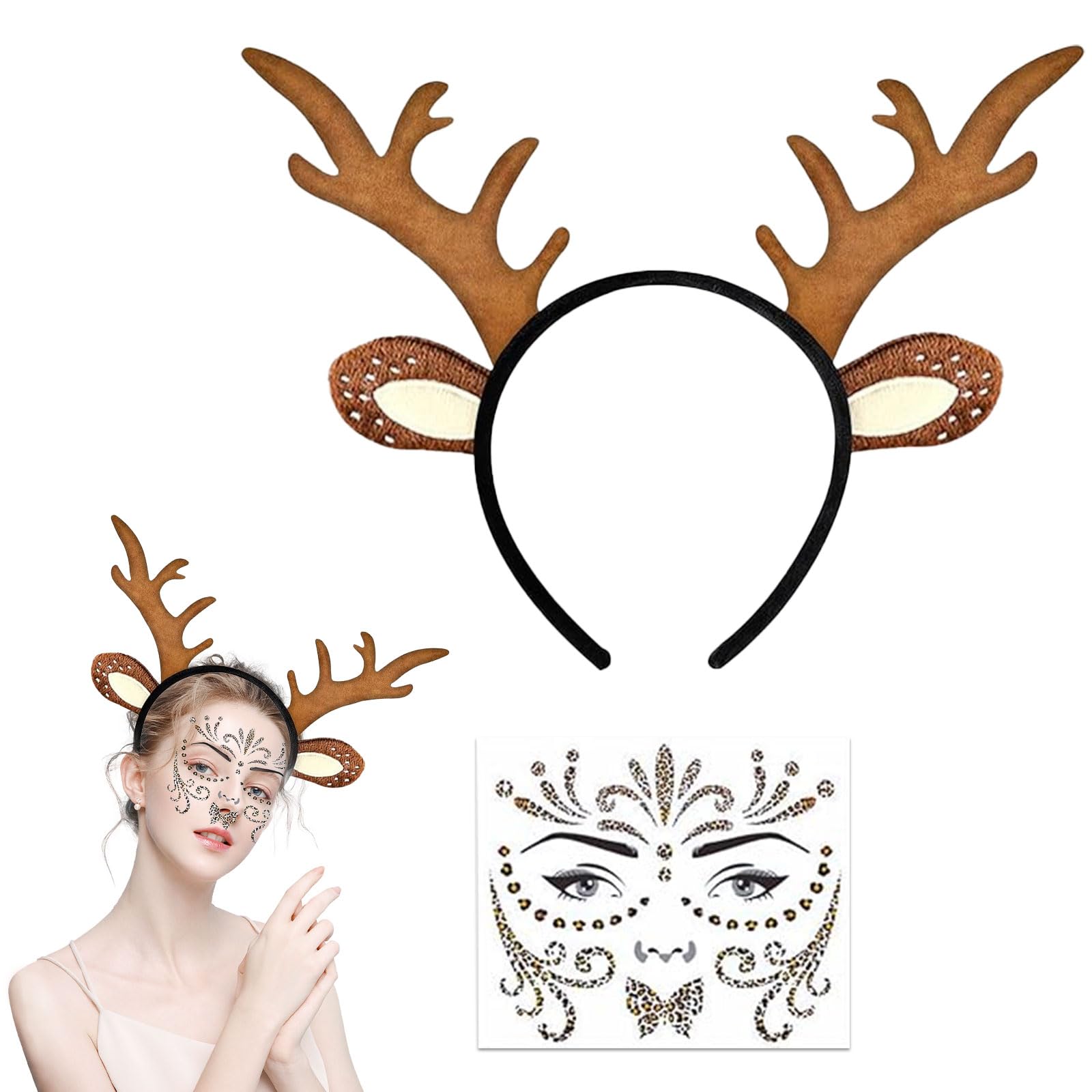 Déguisement Renne Noël Enfant - Bandeau Bois De Cerf + Tutu + Stickers Visage - Costume Animaux Fête Halloween