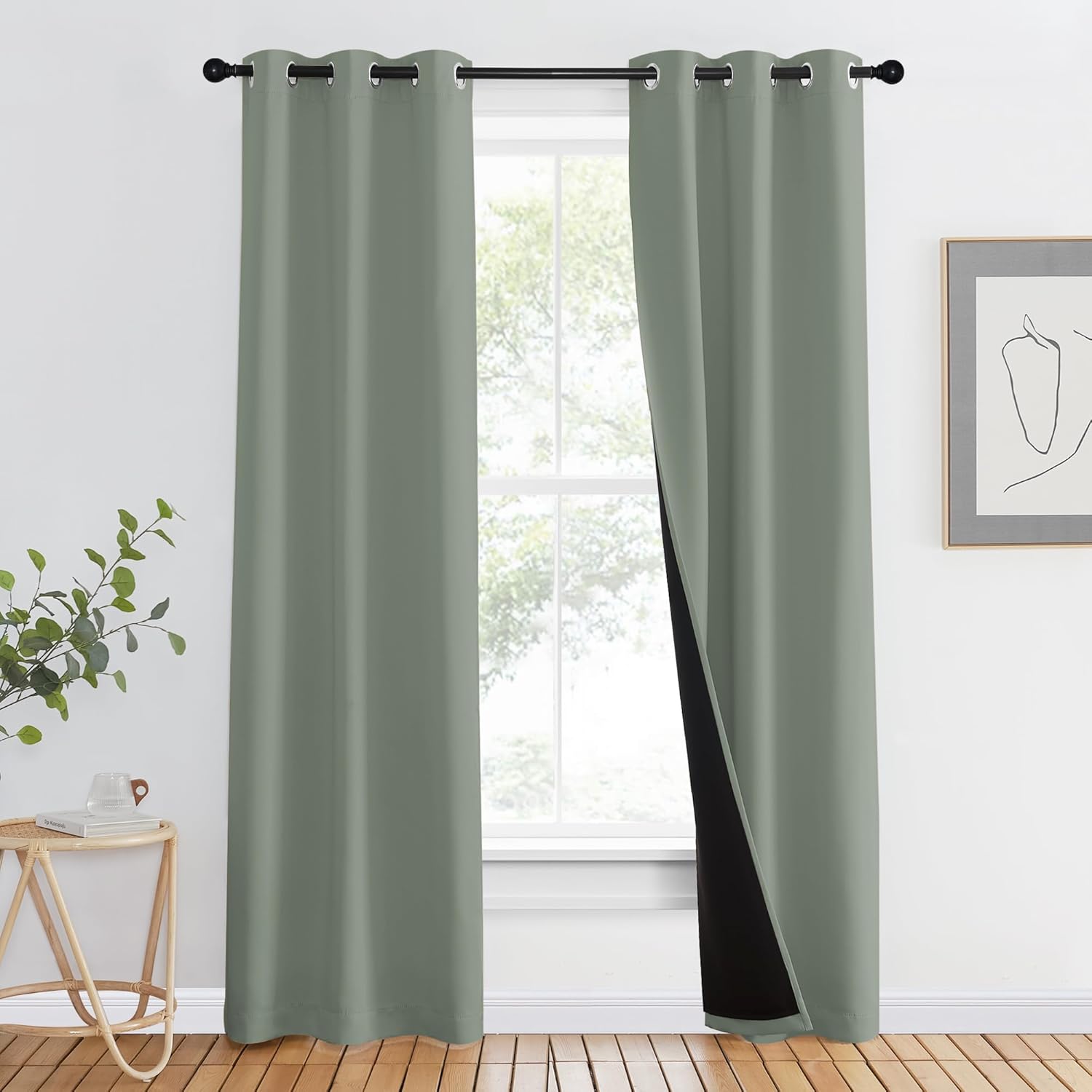 nicetown 100% blackout window curtain panels, heat and full light blocking drapes with black liner for nursery, 80" drop thermal insulated draperies (greyish green, 2 pieces, 37" wide each panel) greyish green 37"w x 80"l 1 piece