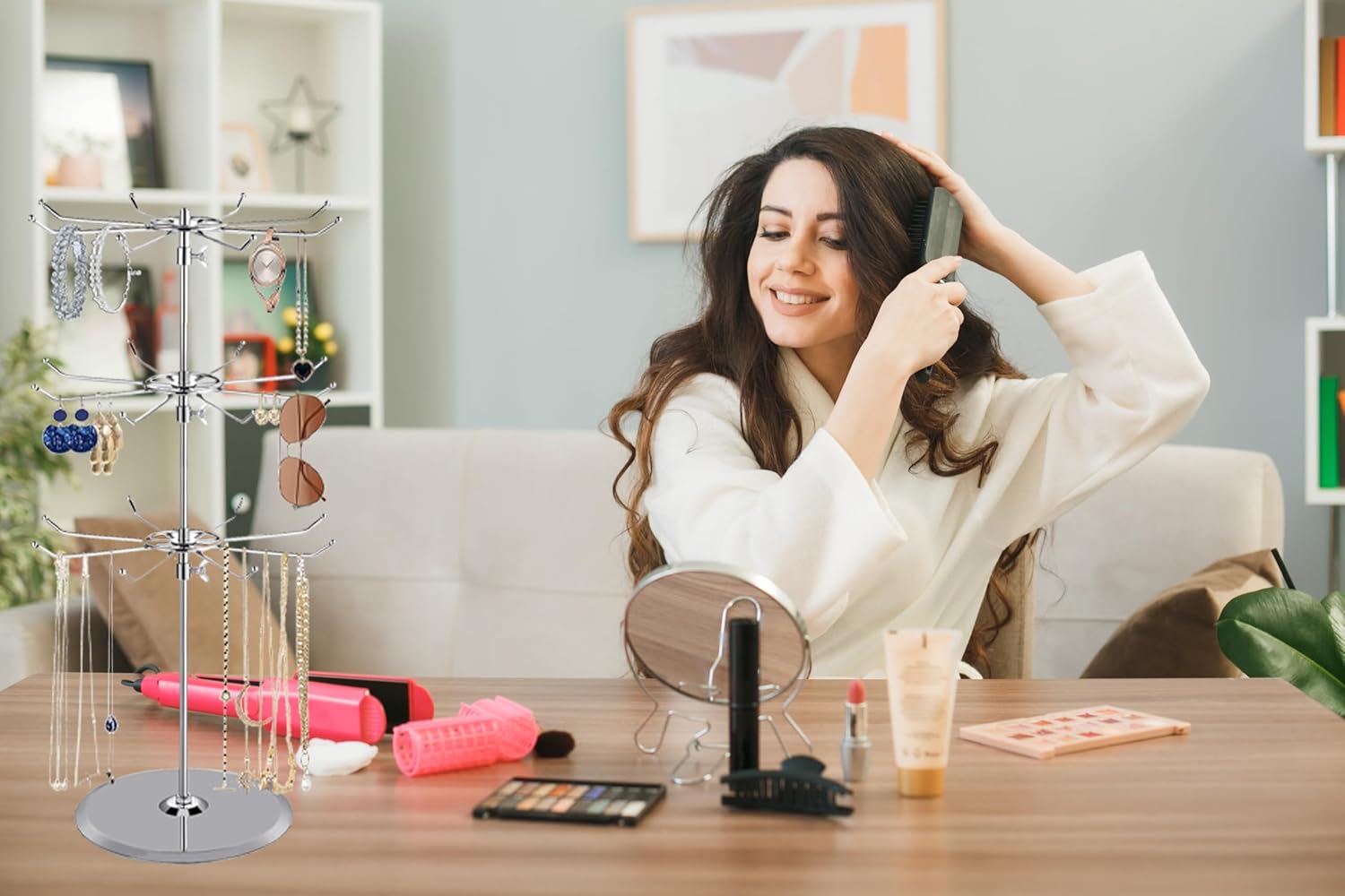 1 Set of 3 Tier Heavy Duty Adjustable Couter Top Spinner Organizer Rack Tower with 24 Hooks, Jewelry Bracelet Display Stand for Exhibition Retail Store and Home Use (Chrome)