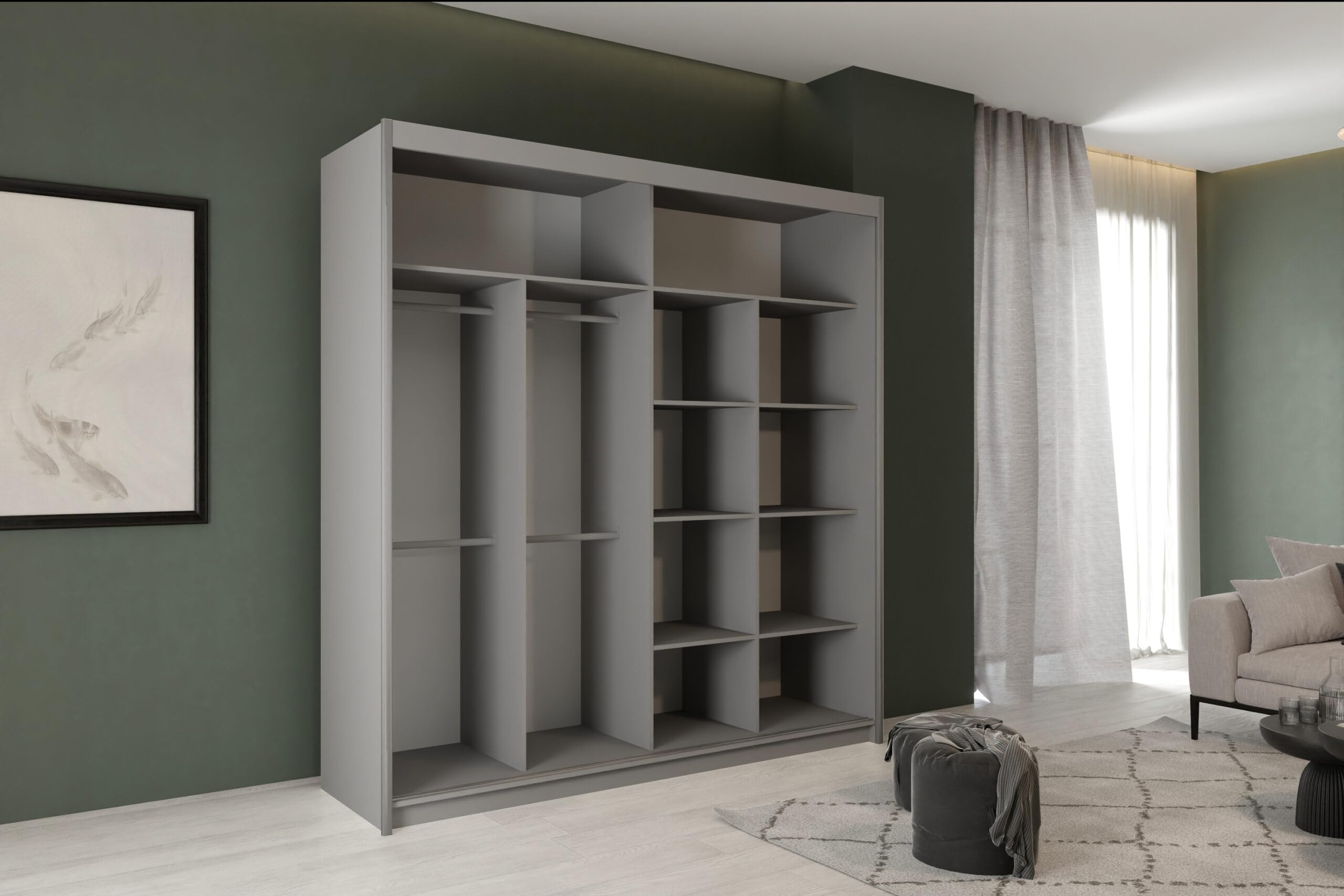 PST Grün Schiebetürenschrank Kleiderschrank 203x216x62 cm - Schlafzimmermöbel, Aufbewahrung – Mehrzweckschrank mit 4 Kleiderstangen