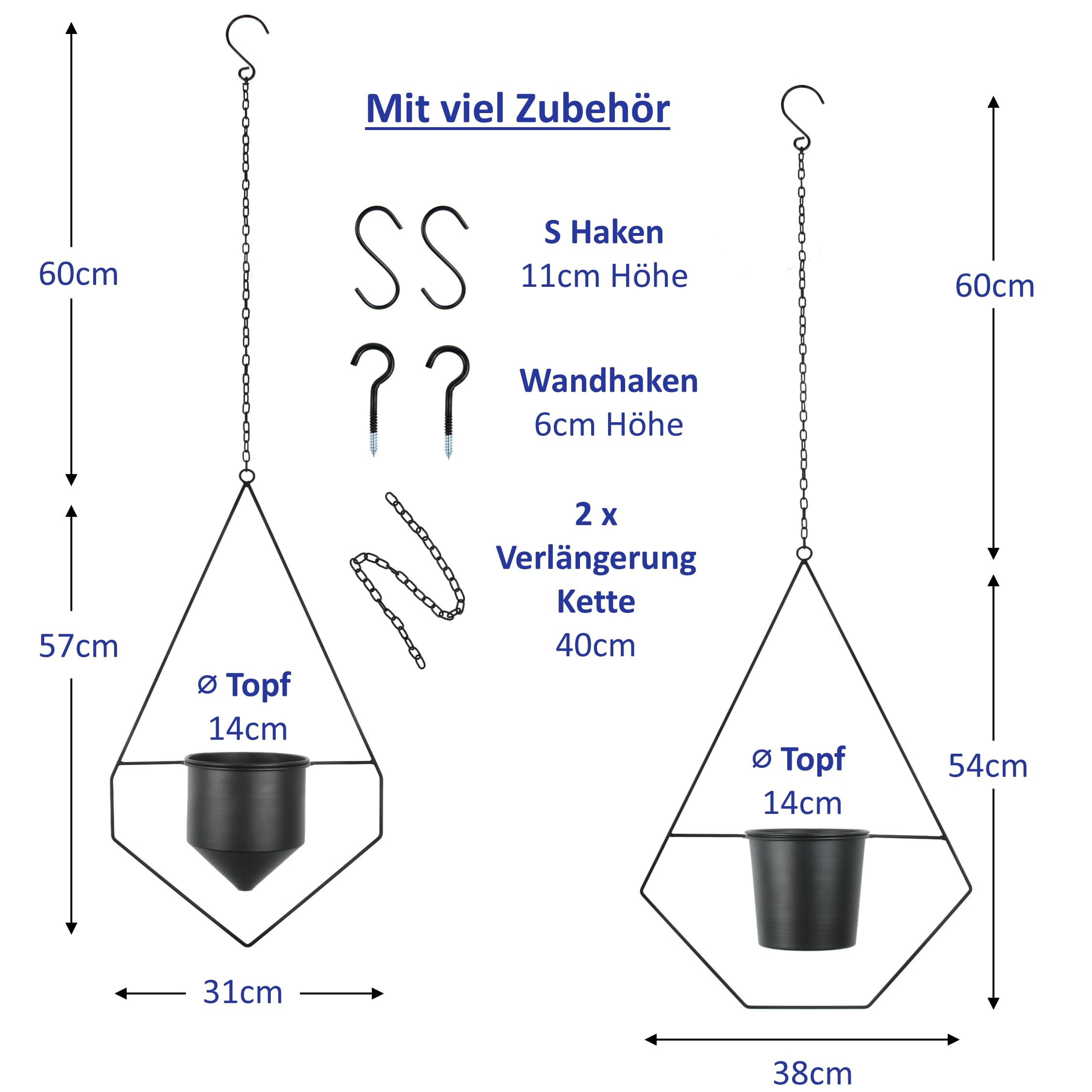 alma home Macetero colgante negro – Juego de 2 maceteros colgantes para interior y exterior, decoración de pared de metal para plantas con gancho y extensión de cadena