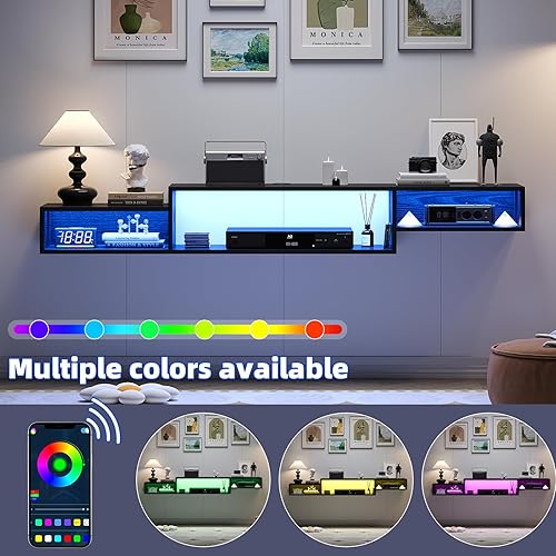 Miniatura 4 de 4 EVER WINNER Soporte flotante para TV con toma de corriente de luz LED, centro de entretenimiento flotante de 59 pulgadas con almacenamiento,