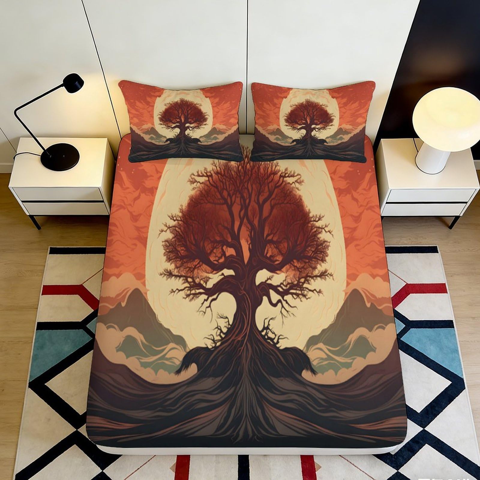 3D Printed Tree Silhouette Fitted Sheet Microfiber Soft Breathable Sunset Landscape Bed Cover for Bedroom Dormitory Guest Room Mattress Protection 160x200x25cm