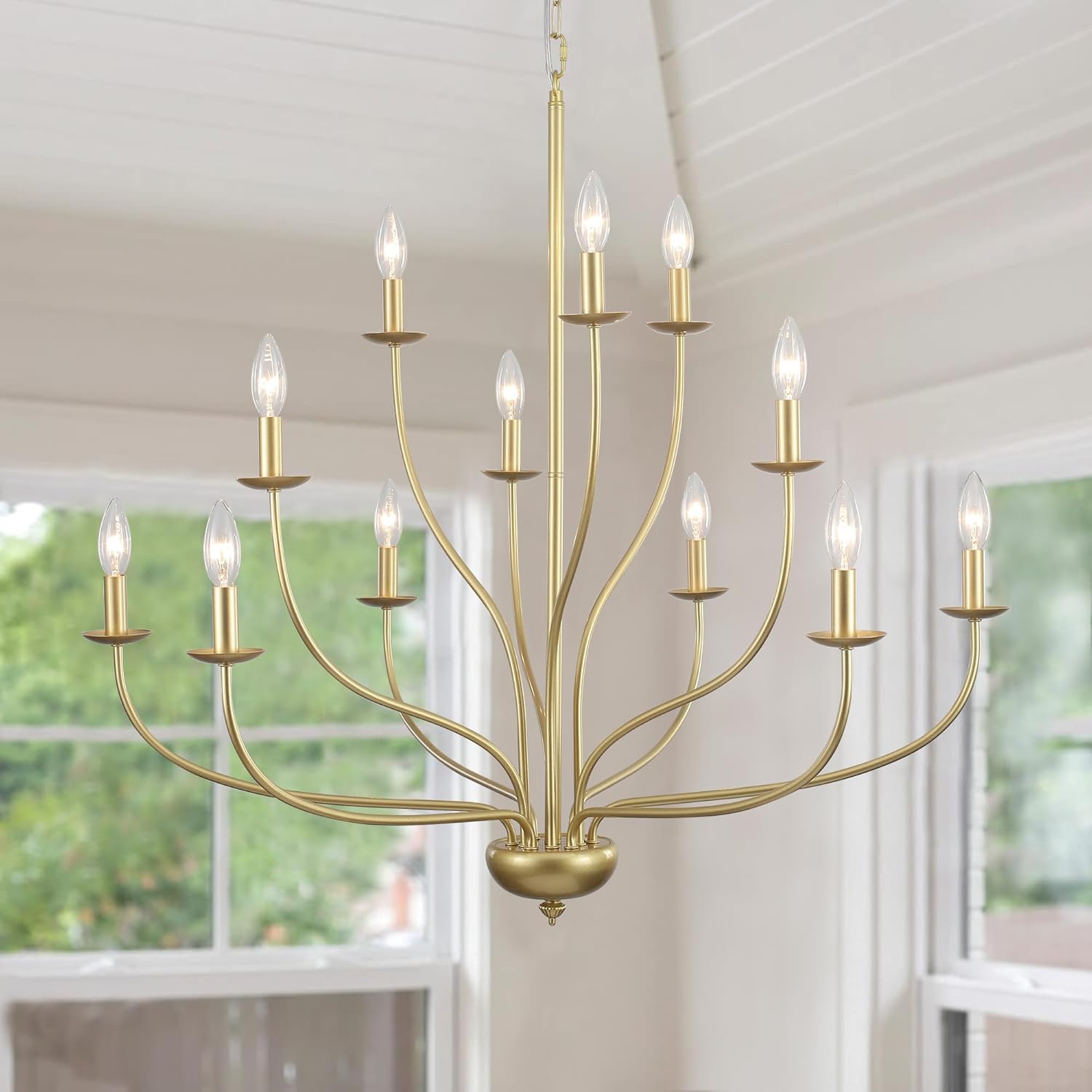 Gold Chandelier 12 Light, Large Painted Gold Light Fixture Modern Suspended Farmhouse Dining Table Candle Brass Chandelier Lighting for Bedroom Hallway Entryway Living Room Kitchen 34in Chandeliers