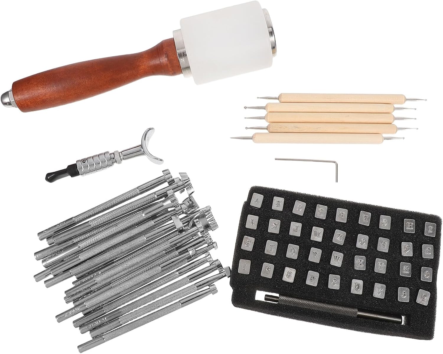 RUNROTOO Leather Craft Stamping Tools Set with Steel Embossing Stamps and Leatherworking Hammer, Metal Alphabet Punch Kit for DIY Artisan Projects and Leatherworking Crafts