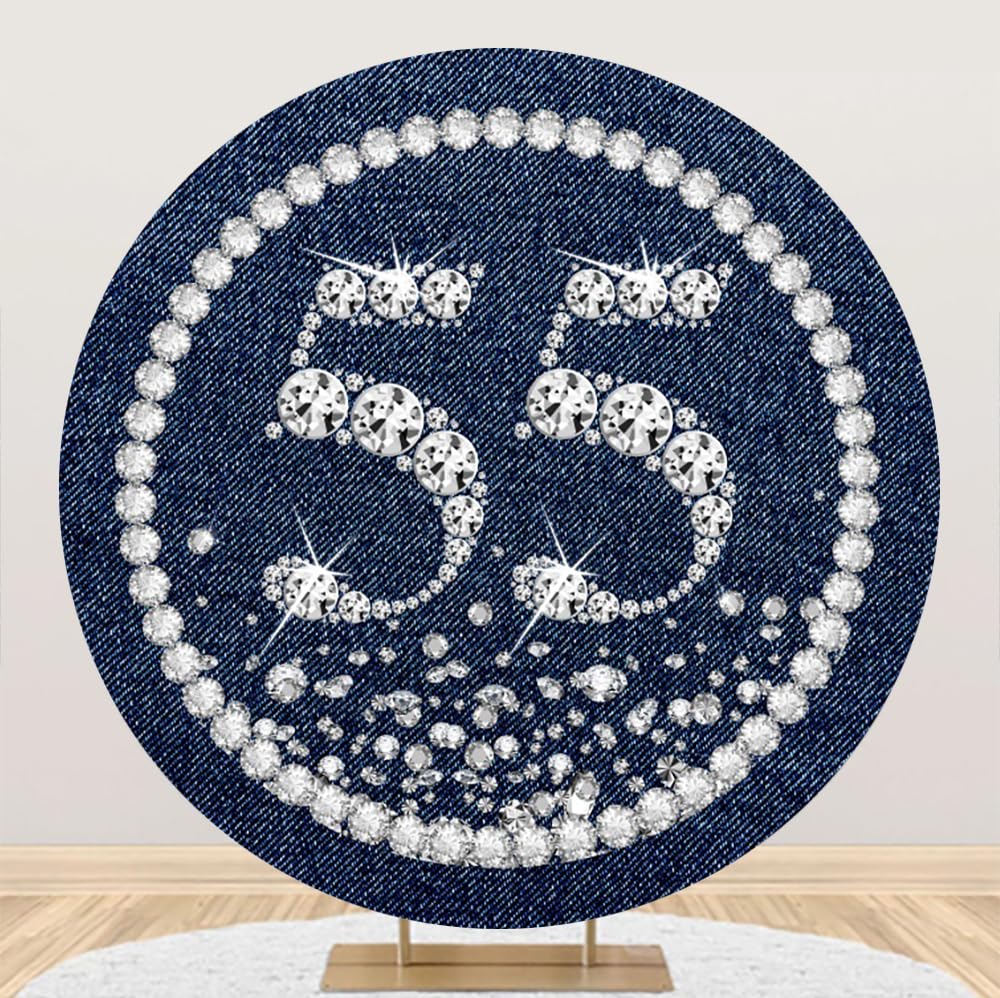 DORCEV Denim Blue Happy 55th Birthday Round Backdrop Cover 7.5x7.5ft Glitter Diamonds Denim Birthday Photography Background for Mother 55th Birthday