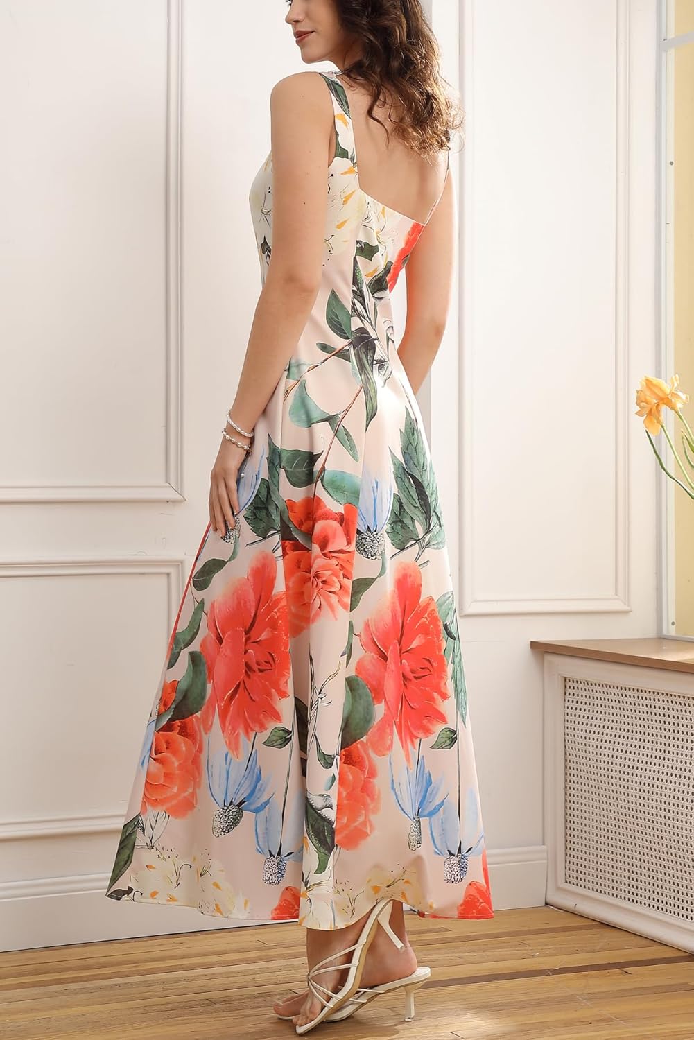 Velius Women's Square Neck Sleeveless Floral Flowy Long Dress A Line Maxi Dress - Image 4