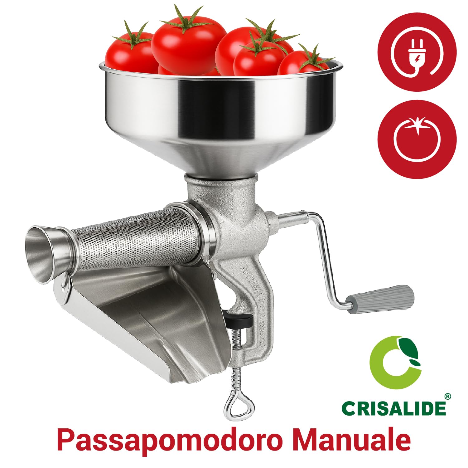 Crisalide® - Passapomodoro a Mano in Ghisa per Uso Alimentare, Elica in Plastica per Prodotti Caldi, Cono Filtro in Lamiera Stagnata, Imbuto e Sgocciolatoio in Acciaio Inox, Morsetto a Vite, 2,5 kg