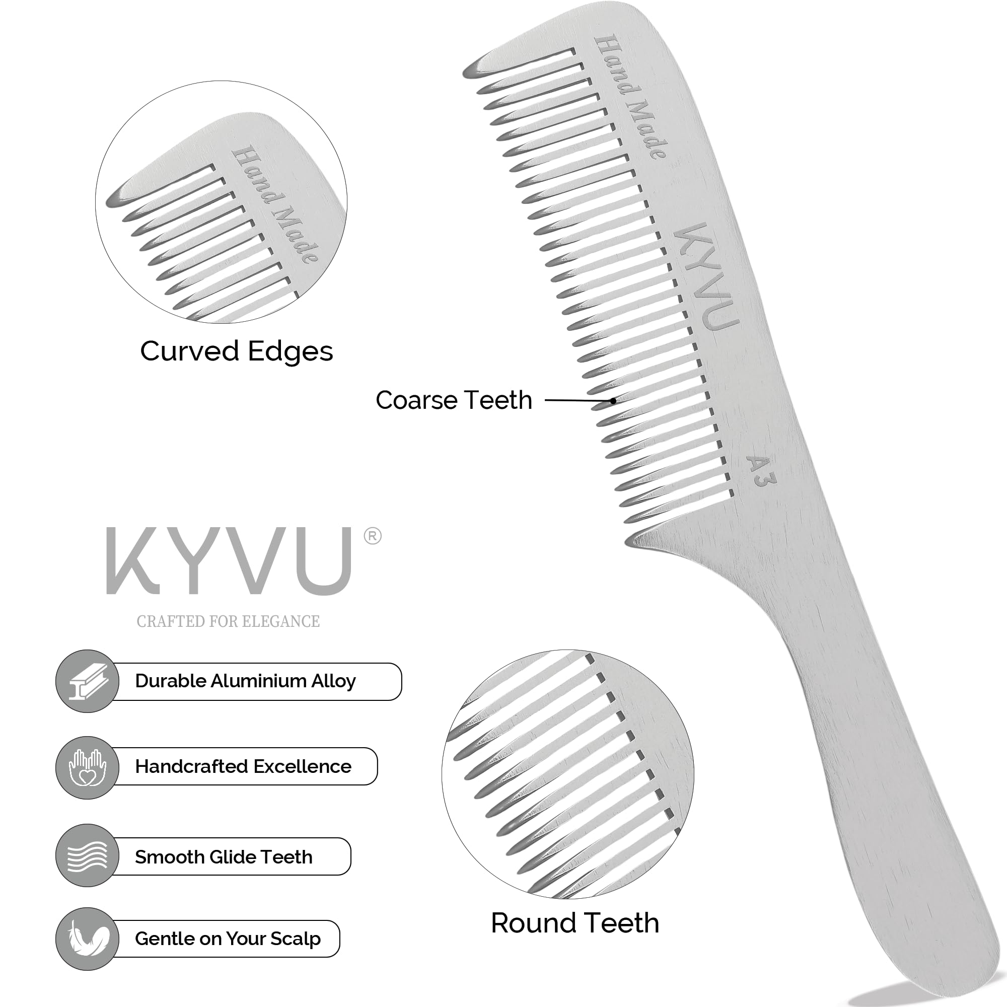 KYVU A3 Handmade 17.8 cm Coarse-Tooth Aluminium Comb with Handle, silver, 17.8 Centimeters - Image 2