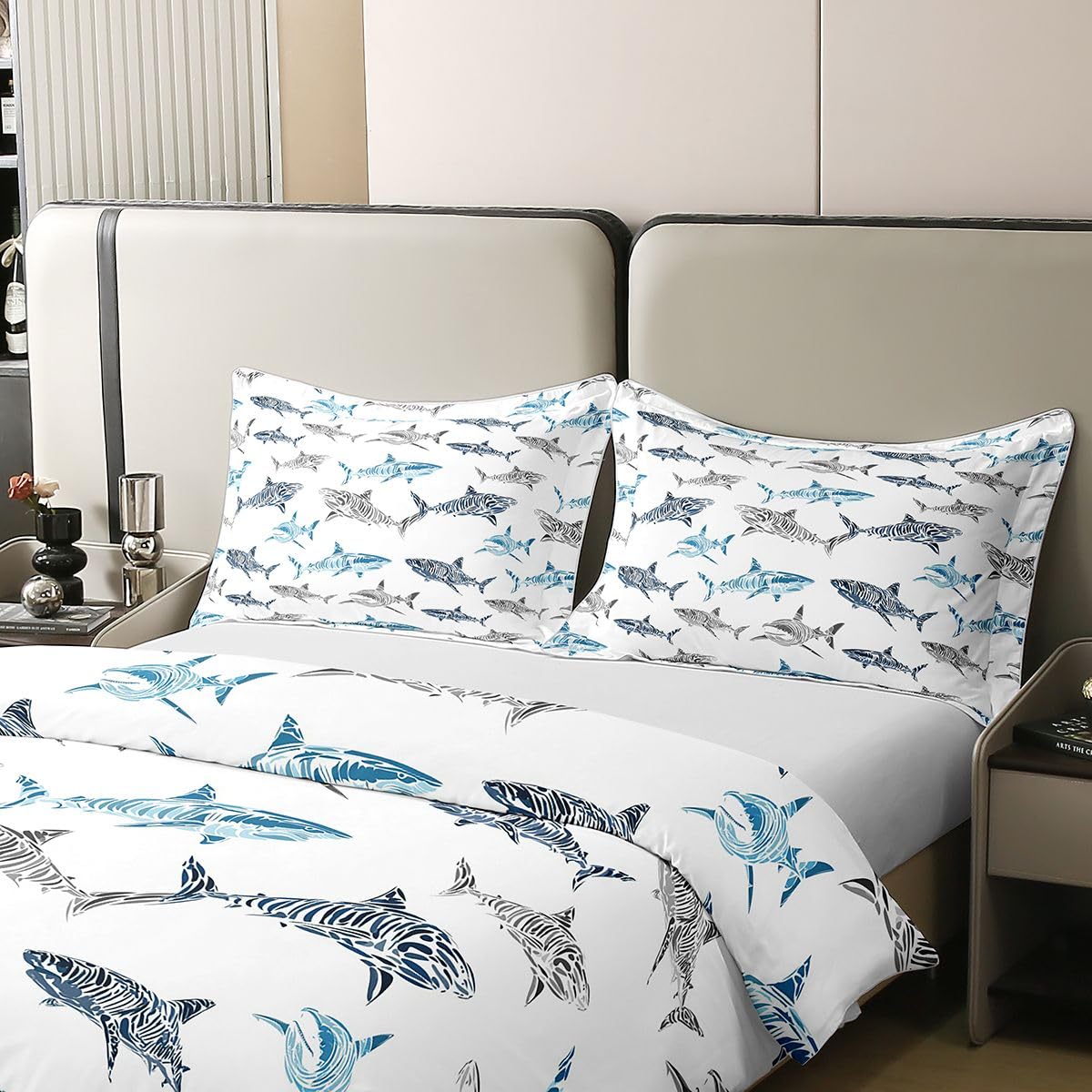 Homewish Niebieski szary rekin super king pościel życie morskie bawełna poszewka na kołdrę zestaw ocean dzikie zwierzę poszewka na kołdrę kreskówka urocze ryby pościel wystrój pokoju zestawy łóżek