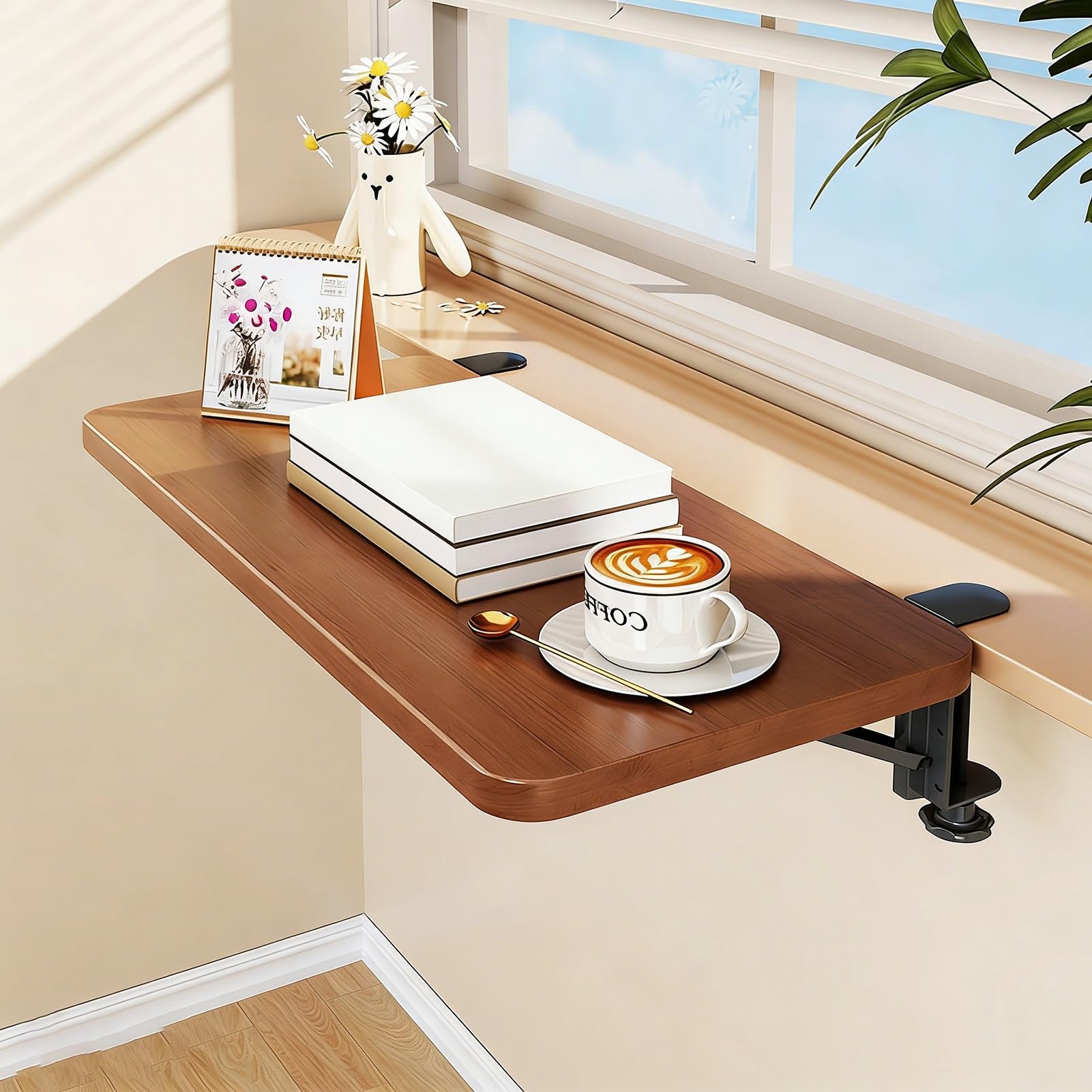Wood Window Sill Extender for Plants Pots, Indoor Kitchen Window Ledge Extender Plate, Space-Saving Fold Down Desk Countertop Extension Board(Teak,90x25cm/35.4x9.8in)