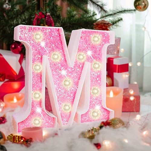 Miniatura 5 de Letras con luces LED de marquesina, letras del alfabeto de diamantes rosas iluminadas, letras de marquesina con purpurina, decoración de baby shower