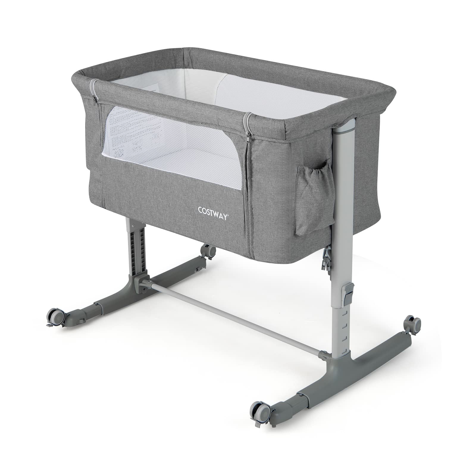 GOPLUS Berceau Bébé 3 en 1, Lit Cododo Portable avec Mode Berceau, Matelas Amovible, Hauteur Réglable, Poches de Rangement et Roues Verrouillables, Lit de Voyage pour Nouveau-né (Gris)