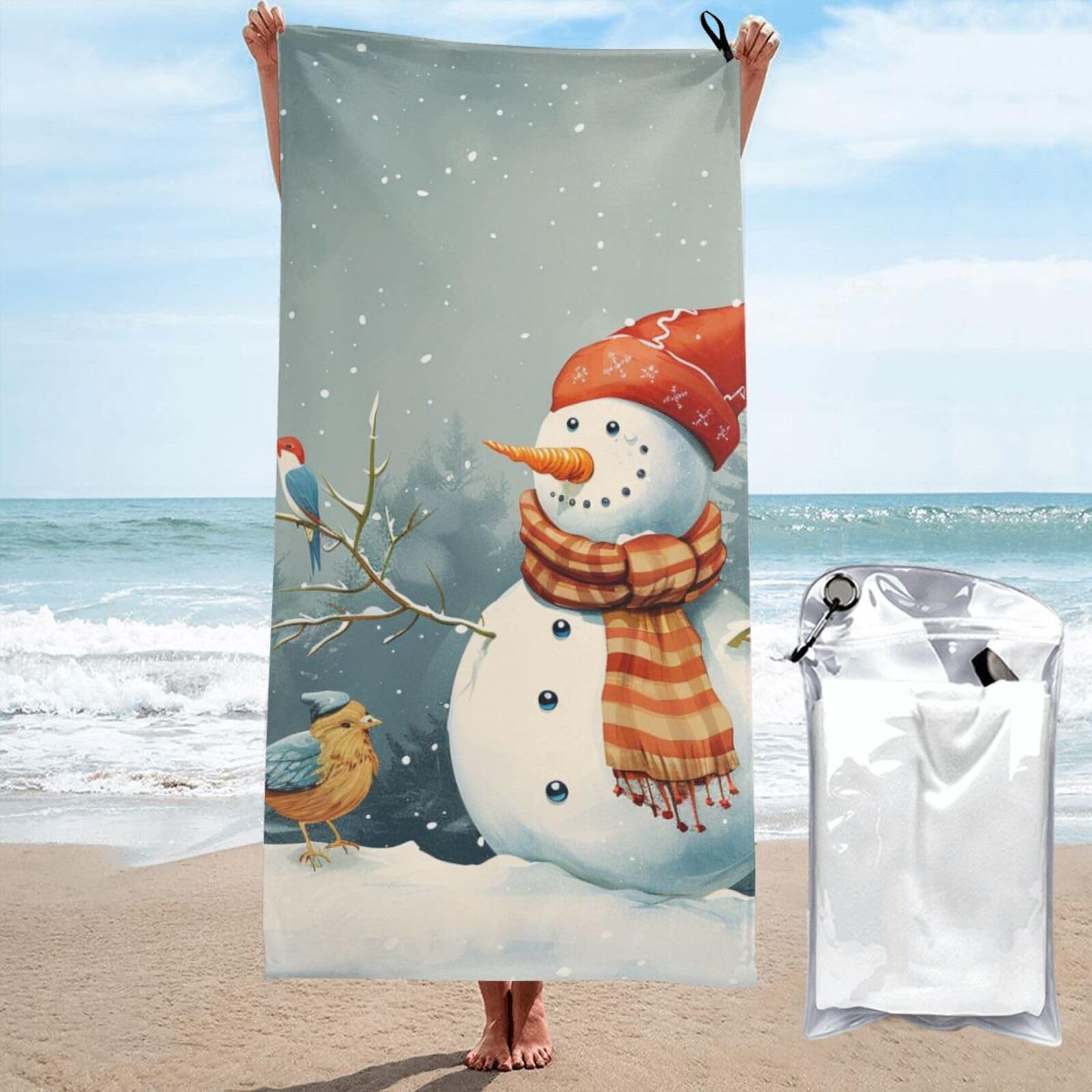 kkvhhyuo Microfiber Beach Towel, Merry Christmas Bird Printed Lightweight Quick Dry Travel Bath Sheet with Compact Carry Bag for Swimming Yoga Camping Gym,31.5"x63"