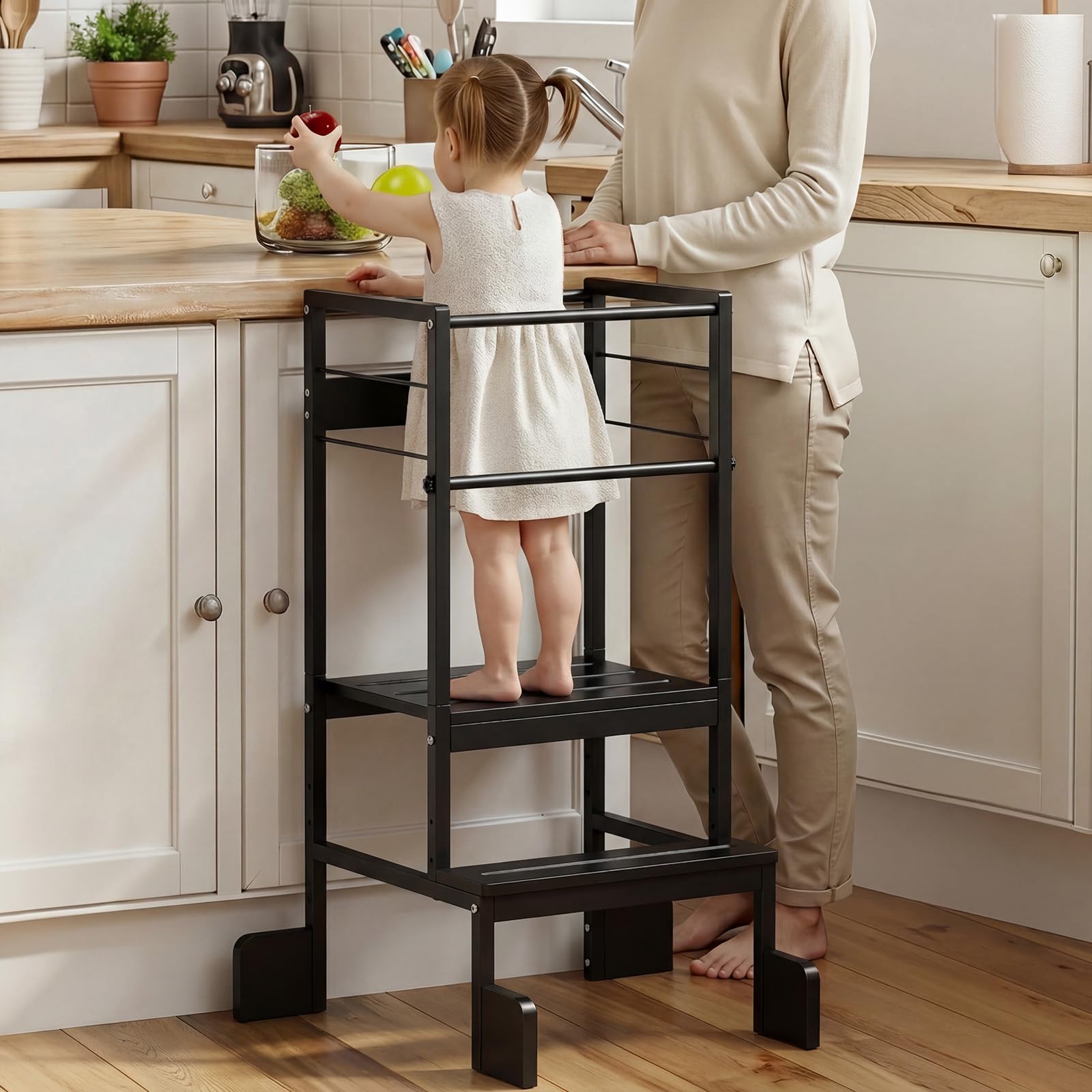 COSYLAND Adjustable Height Kids Kitchen Standing Stool, Toddler Learning Step Stool with Safety Bar and Four Support Corners, Safe Helper Tower for Ages 18 Months-6 Years (Black)