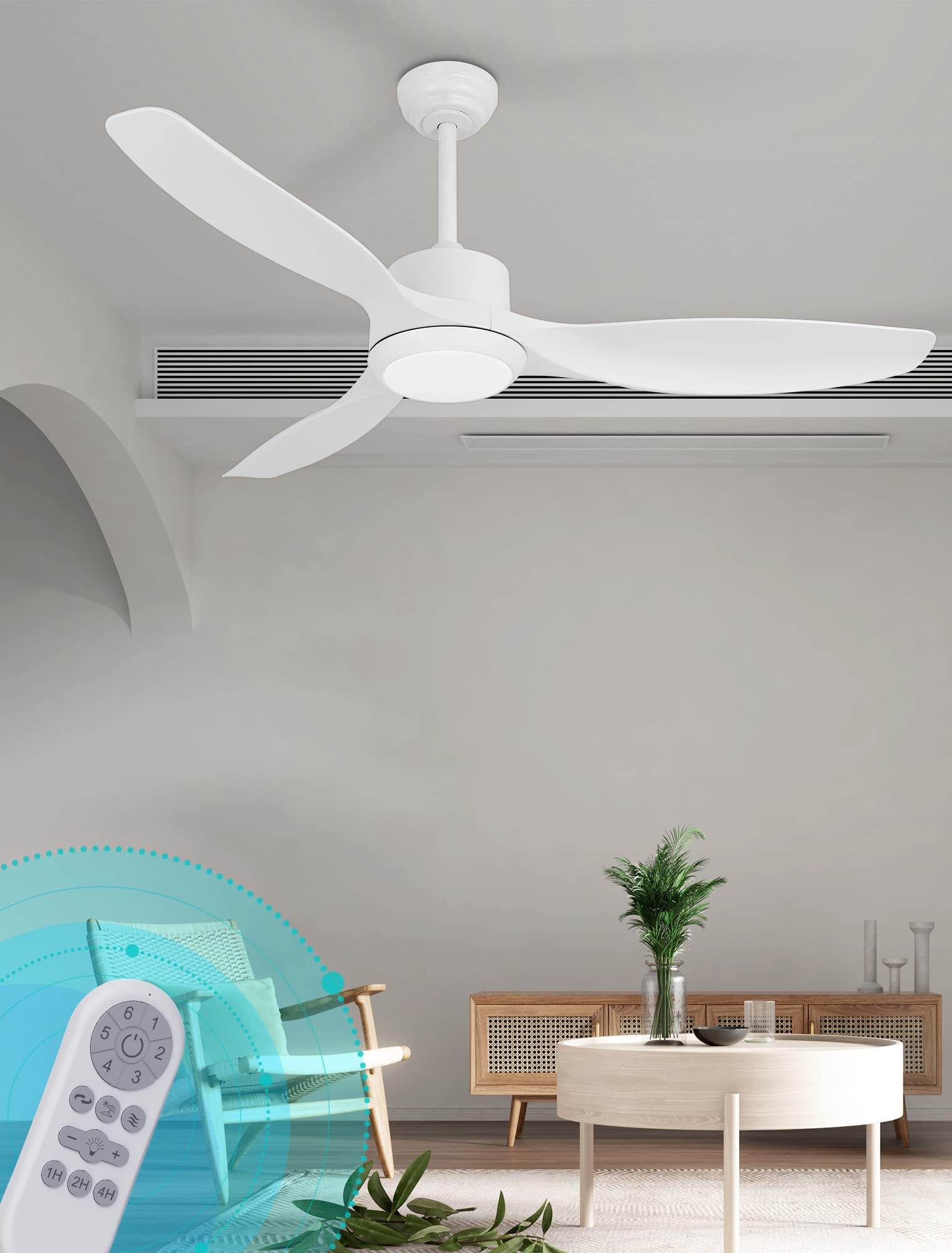 OUATER White Ceiling Fan with Light, 52" Outdoor Ceiling Fans with Lights and Remote, 3 Color Light, 6 Speed, DC Motor, for Bedroom/Outdoor/Patios, White