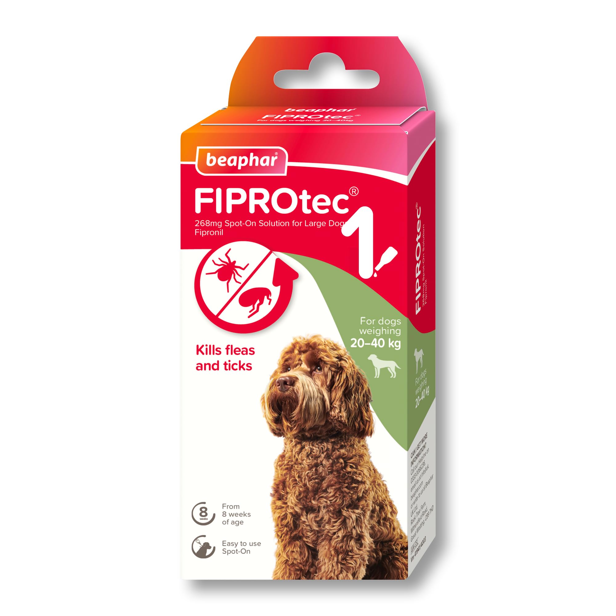 Beaphar - FIPROtec Spot-On Flea & Tick Treatment for Large Dogs 20-40kg – 1 Pipette - Kills Fleas & Ticks - Veterinary Medicine - Easy to Apply Monthly - Suitable for Dogs & Puppies from 8 Weeks