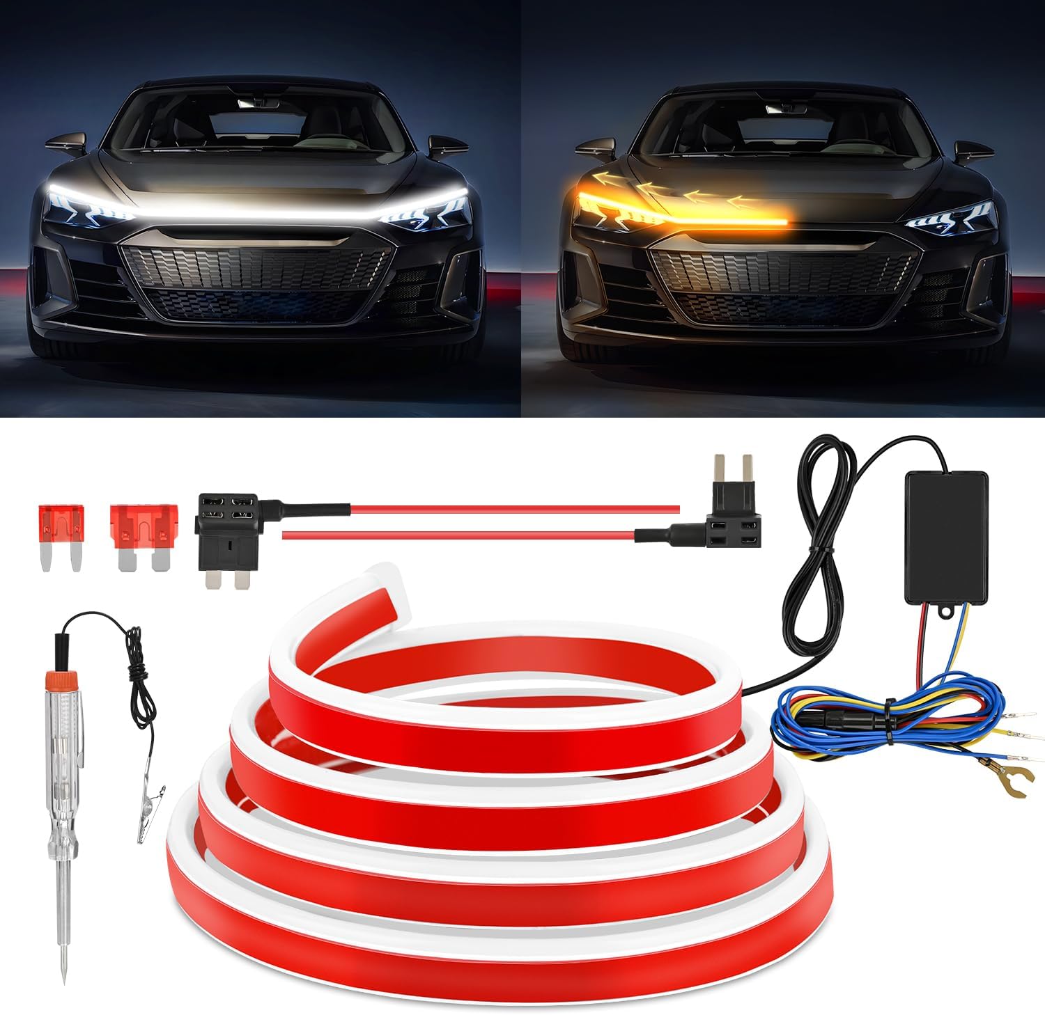 Nilight 70-Inch LED Hood Strip, White Dynamic Startup DRL Sequential Amber Turn Signal, Waterproof for Cars, SUVs & Trucks