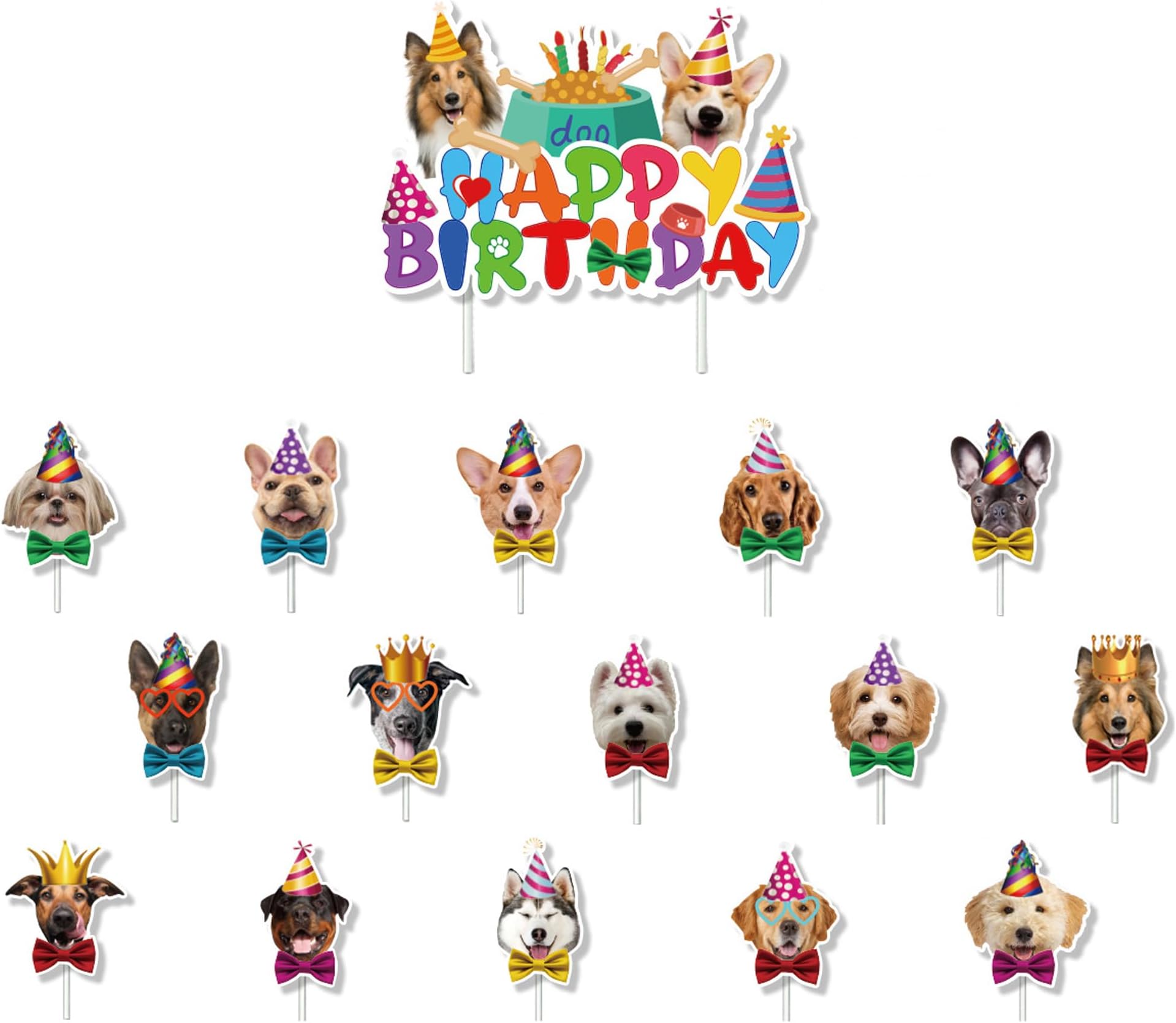TSJ16PCS Dog Cupcake Toppers, Dogs Happy Birthday Cake Toppers, Dog Cake Picks for Puppy Theme Baby Shower Party Decorations