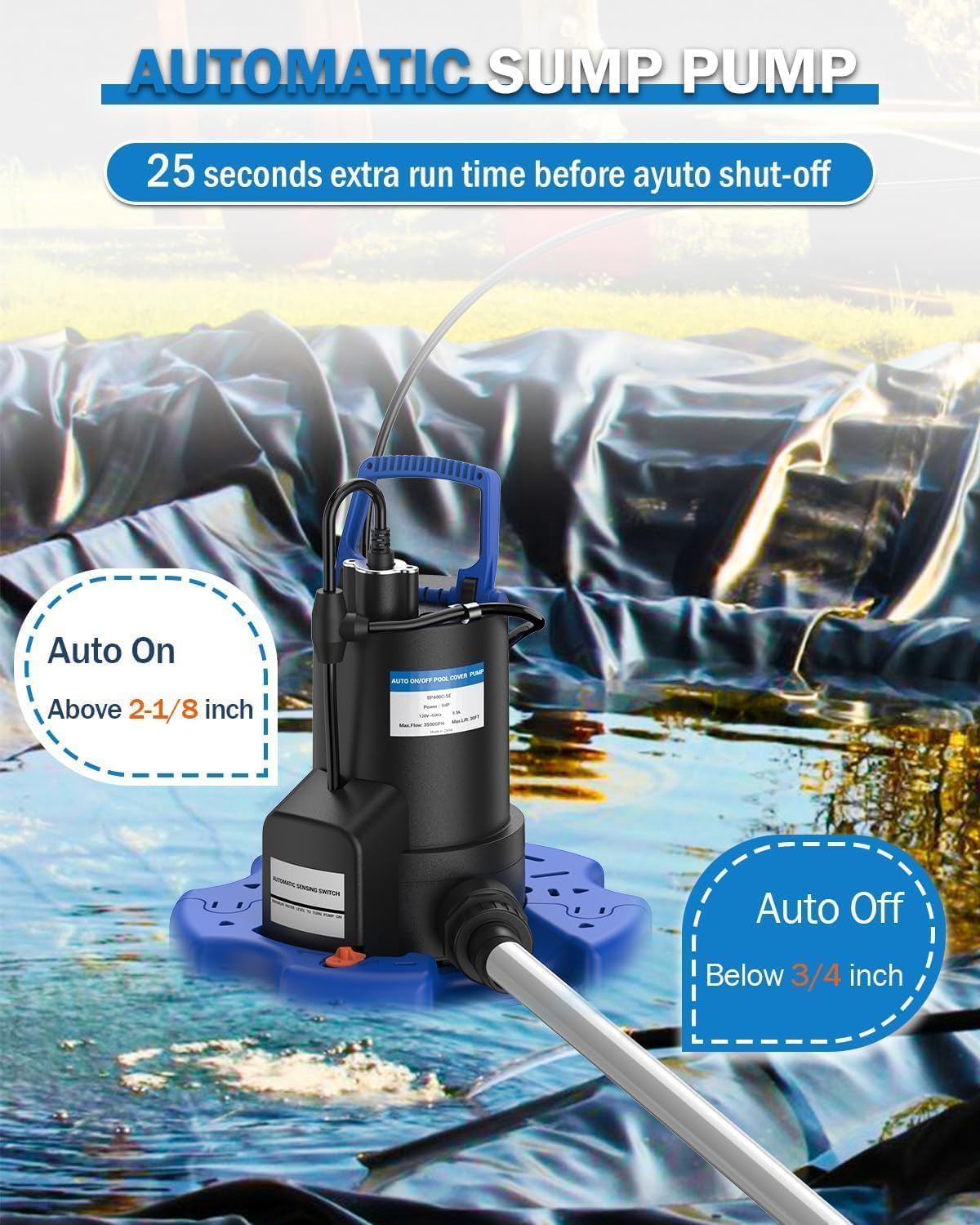 Automatic Pool Cover Pump - 1 HP 3500 GPH Sump Pump Above Ground with Check Valve, 3 Adapters and 29.5FT Extra Long Power Cord, Pump Water Removal for Swimming Pool, Basements, Rooftops thumbnail