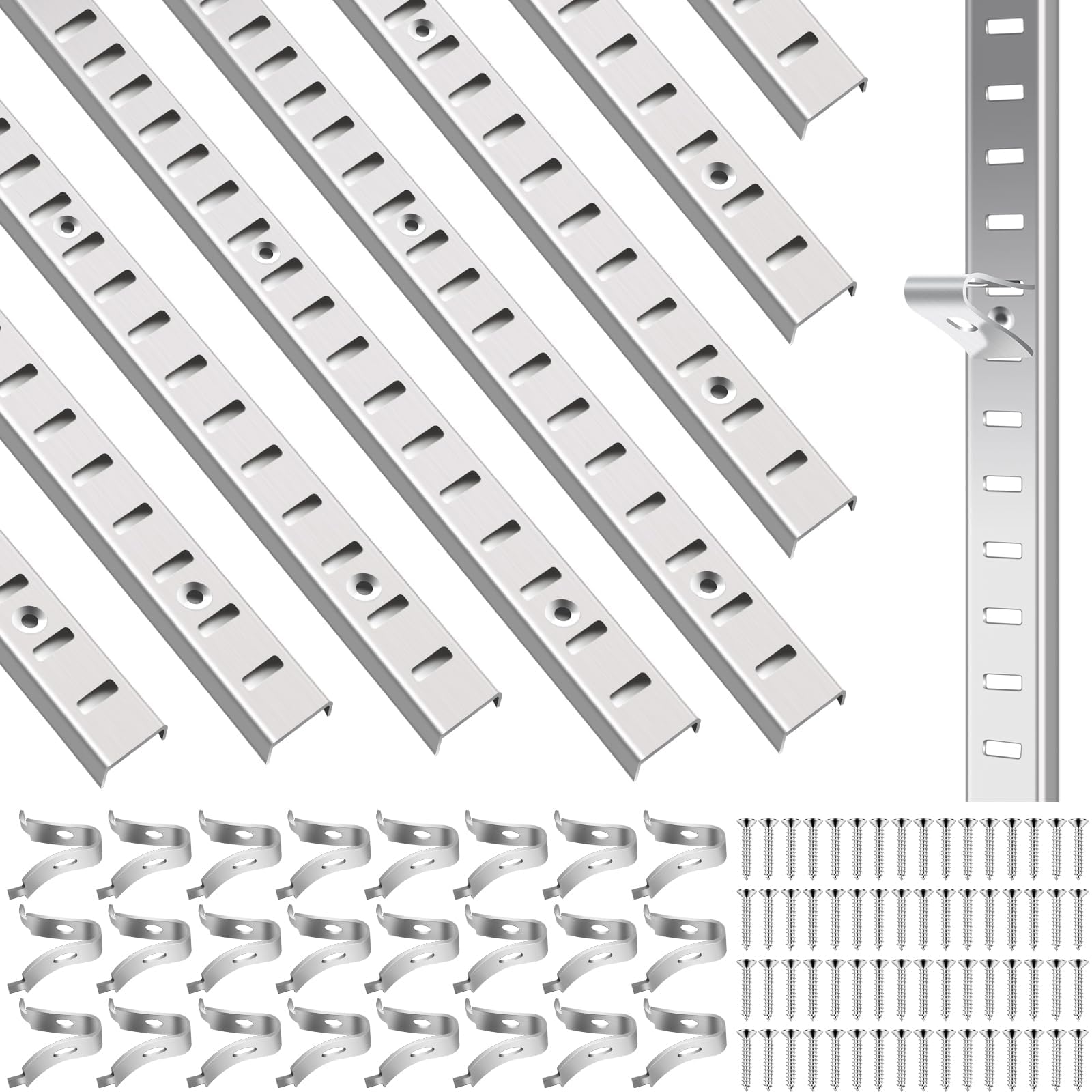 16 pcs 40 inch shelf pilaster tracks and 48 pcs shelf clips adjustable metal rail mortise mount pilaster strip standard for bookcases cabinet closet shelving system (16, silver)