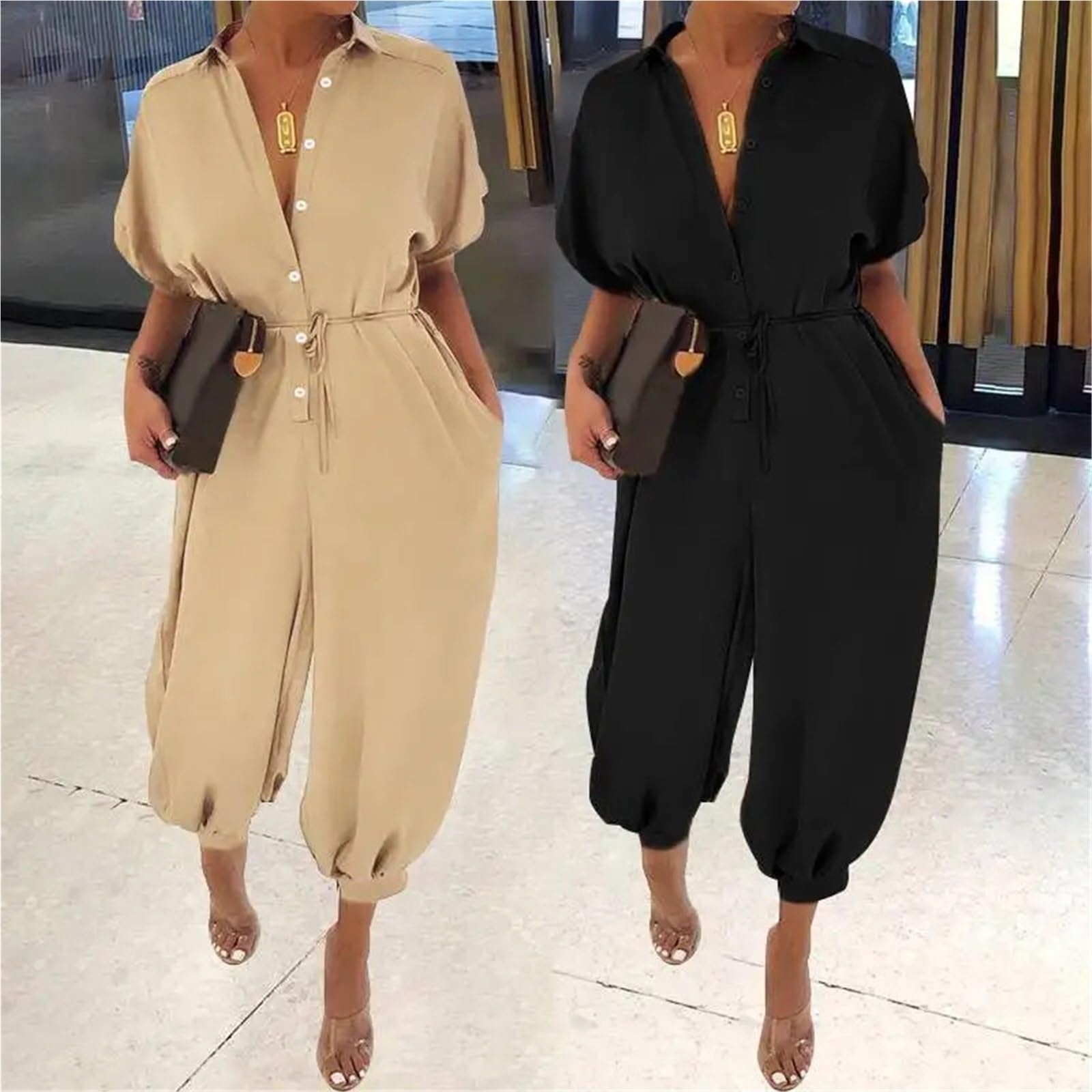 Jumpsuit Donna Tuta da donna con scollo a V, bottoni, lacci, manica corta, ampia, stampata, tascabile